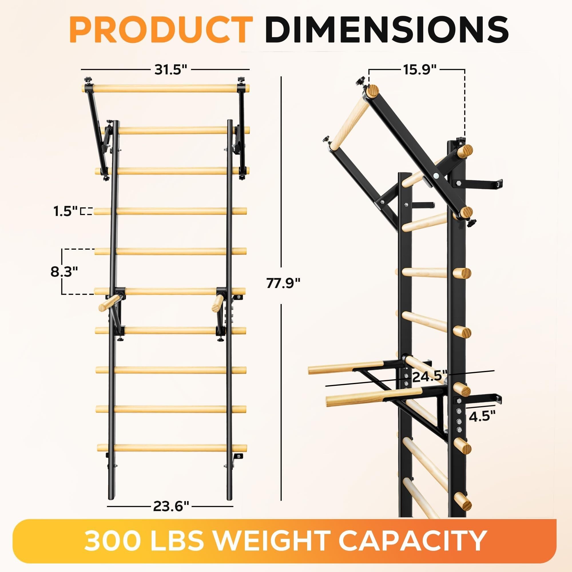 Sprossenwand Indoor mit Klimmzugstange, Dip-Barren und Klettergerüst, Wandmontage Kletterwand aus Holz – Fitnessgerät für Zuhause, Turngeräte für Kinder und Erwachsene für Home Gym und Gymnastik