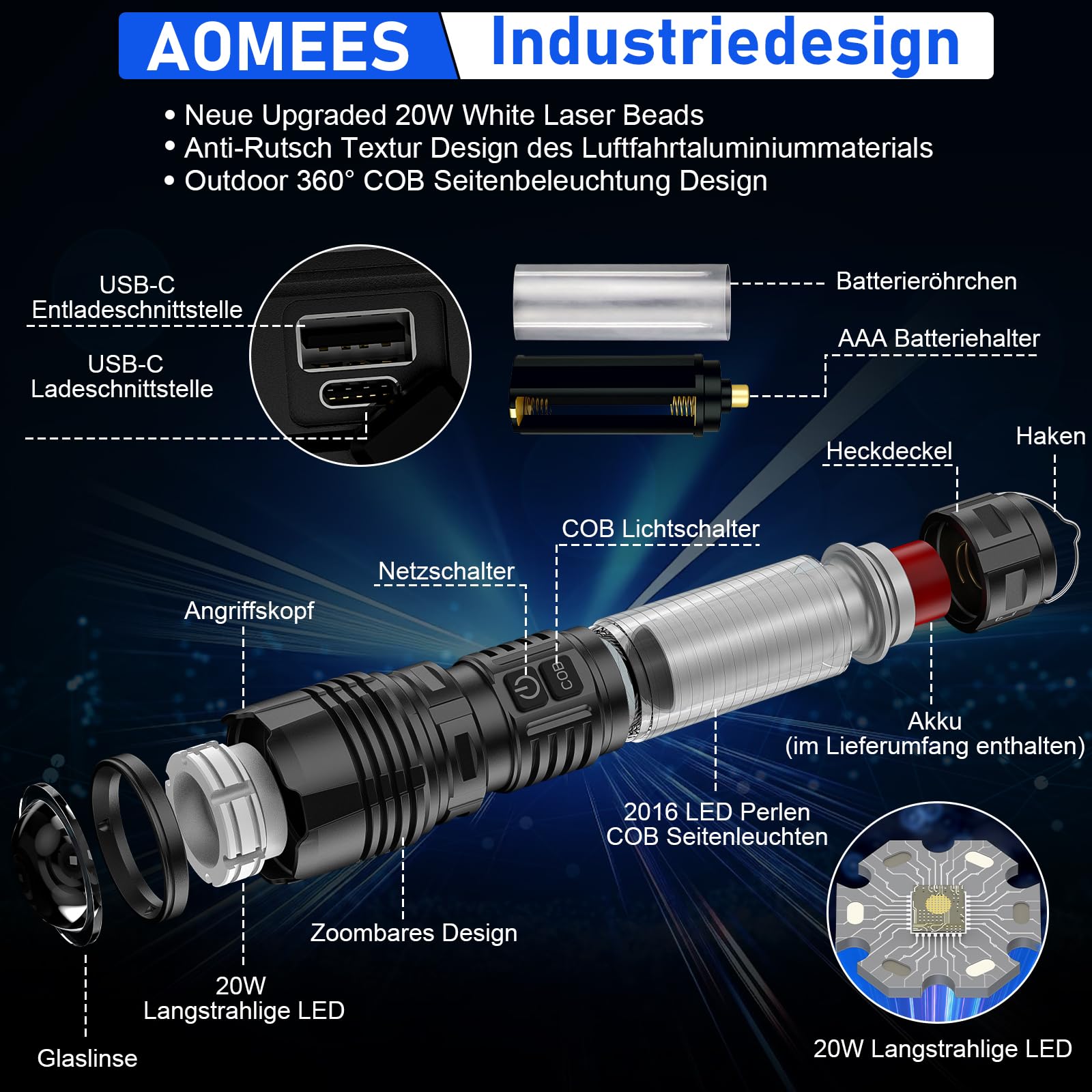 AOMEES Latarka LED do ponownego ładowania, latarka LED 250 000 lumenów, bardzo jasna, z oświetleniem bocznym COB i baterią 5000 mAh, 5 trybów świecenia, wodoodporność IPX5, na kemping/wędrówki