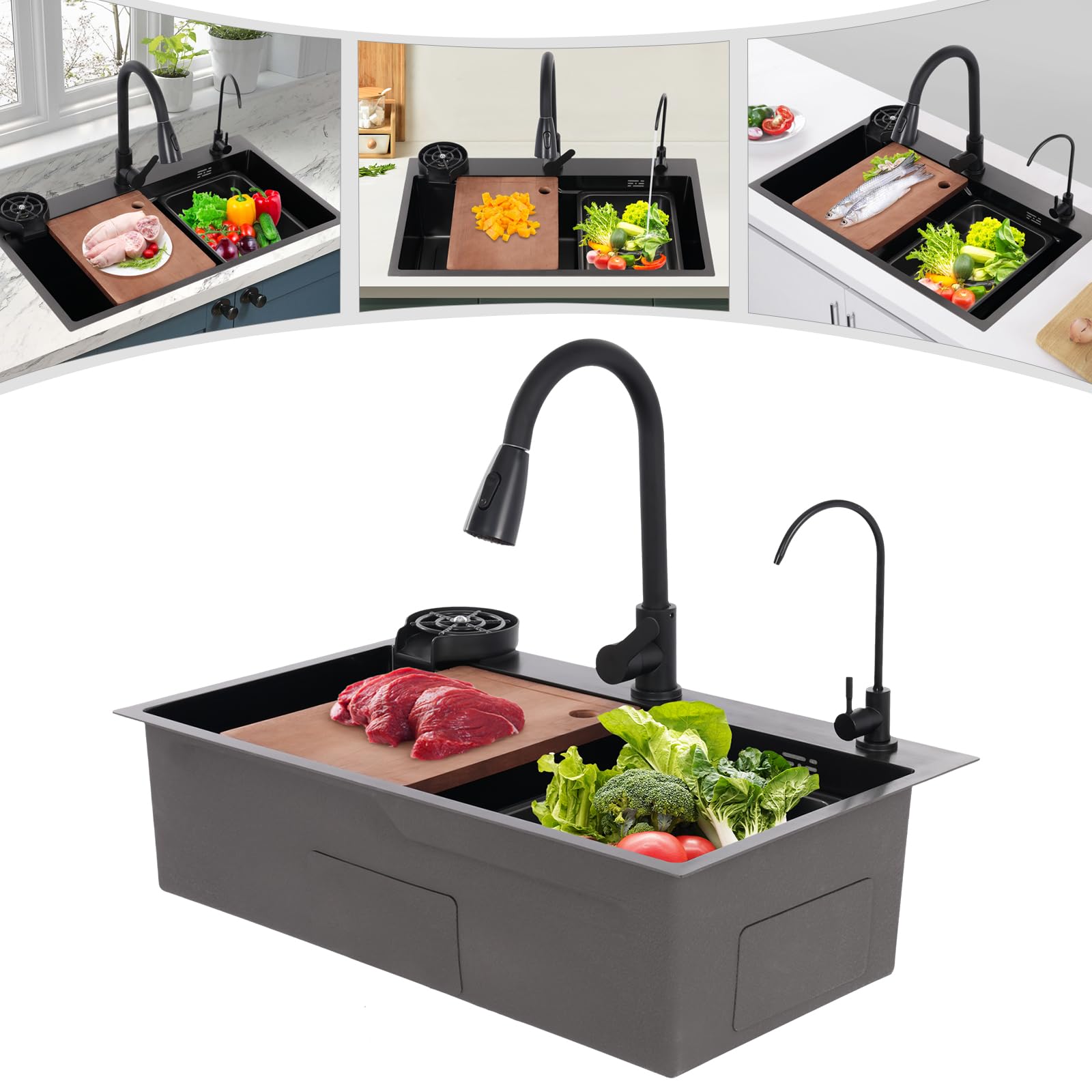 MINRS Évier de cuisine noir avec robinet, 75 x 45 cm, encastrable avec lave-vaisselle à tasses, planche à découper et égouttoir, 1 bac avec trois modes de sortie d'eau