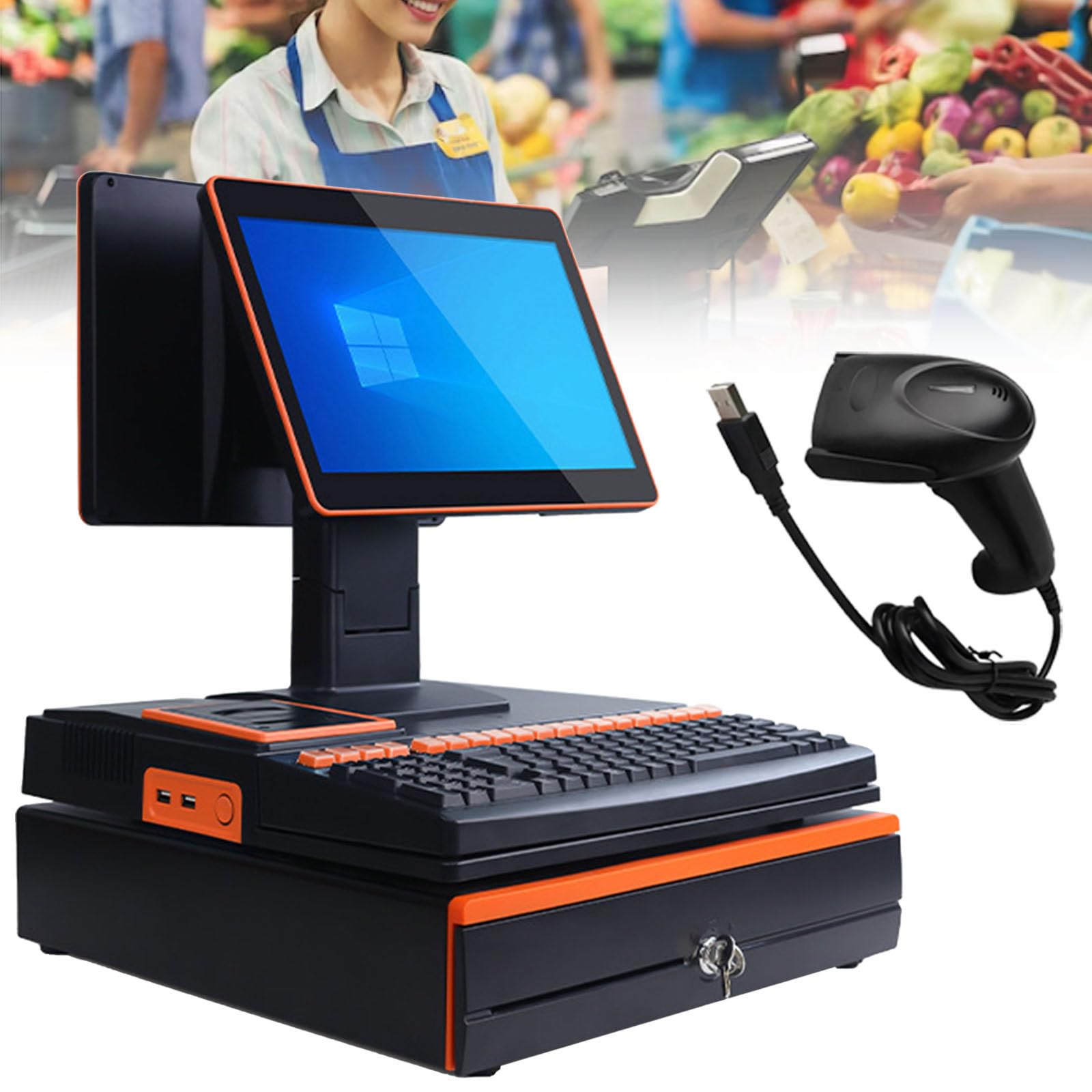 PtaTritious POS Cash Register for Small Business, Cash Register for Retail, with 15.6-inch Touch Screen PC, 58mm High-Speed Printing, for Business and Business, Windows 10 H-4+64GB