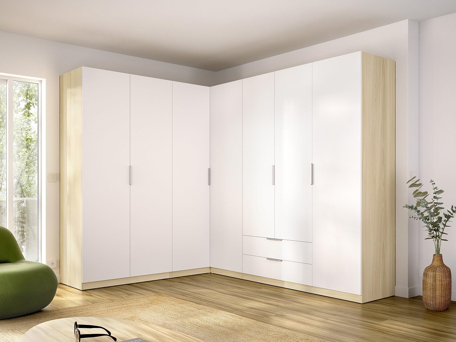 Vente-unique KALONY – Armario esquinero 7 puertas 2 cajones – L325 cm – Blanco y natural claro