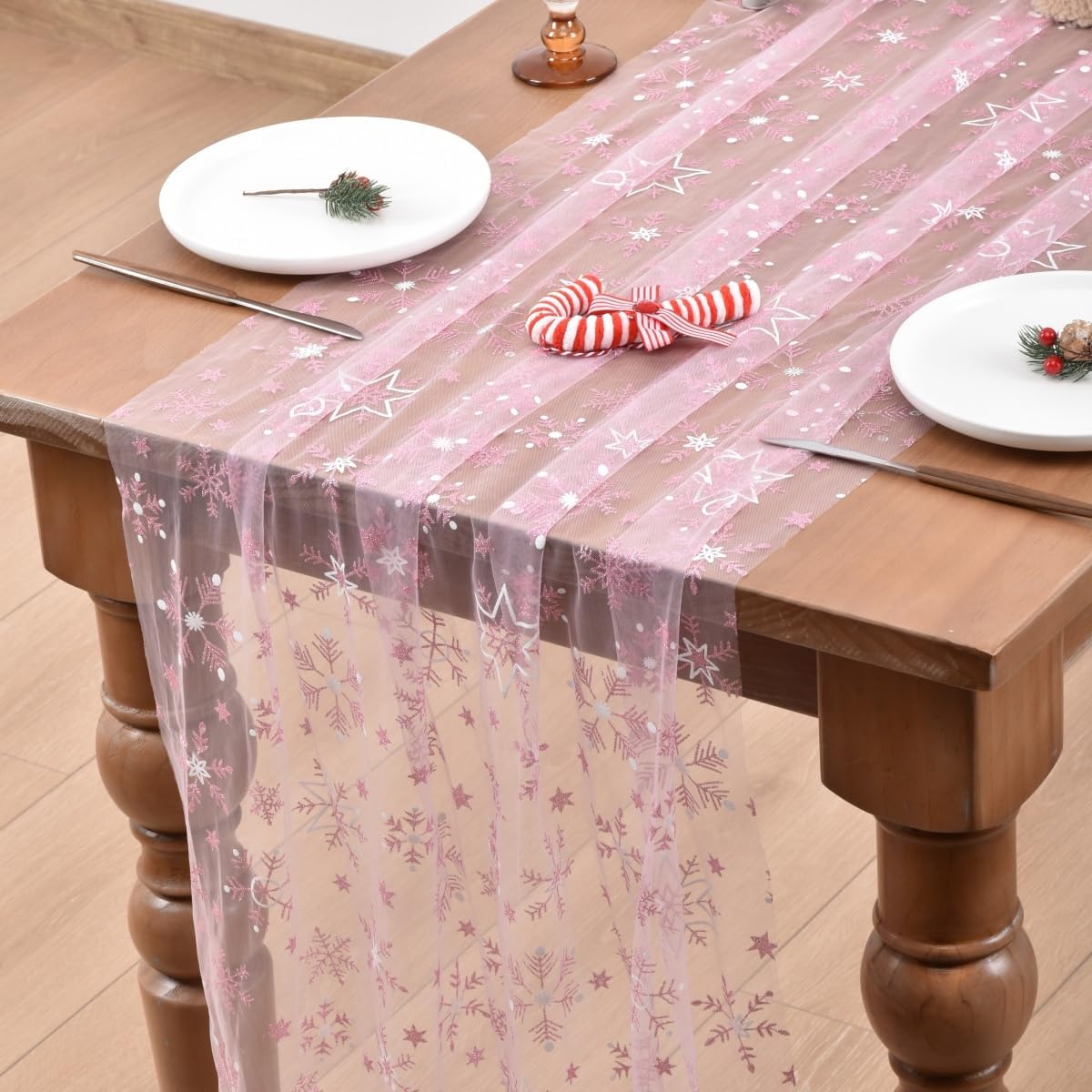 Joanlody 4pcs Pink Christmas Snowflake Gauze Table Runner Glitter Metallic Foil 10ft Seasonal Sheer Tulle Table Runner for Wedding Birthday Party Winter Festival Holiday Home Decor