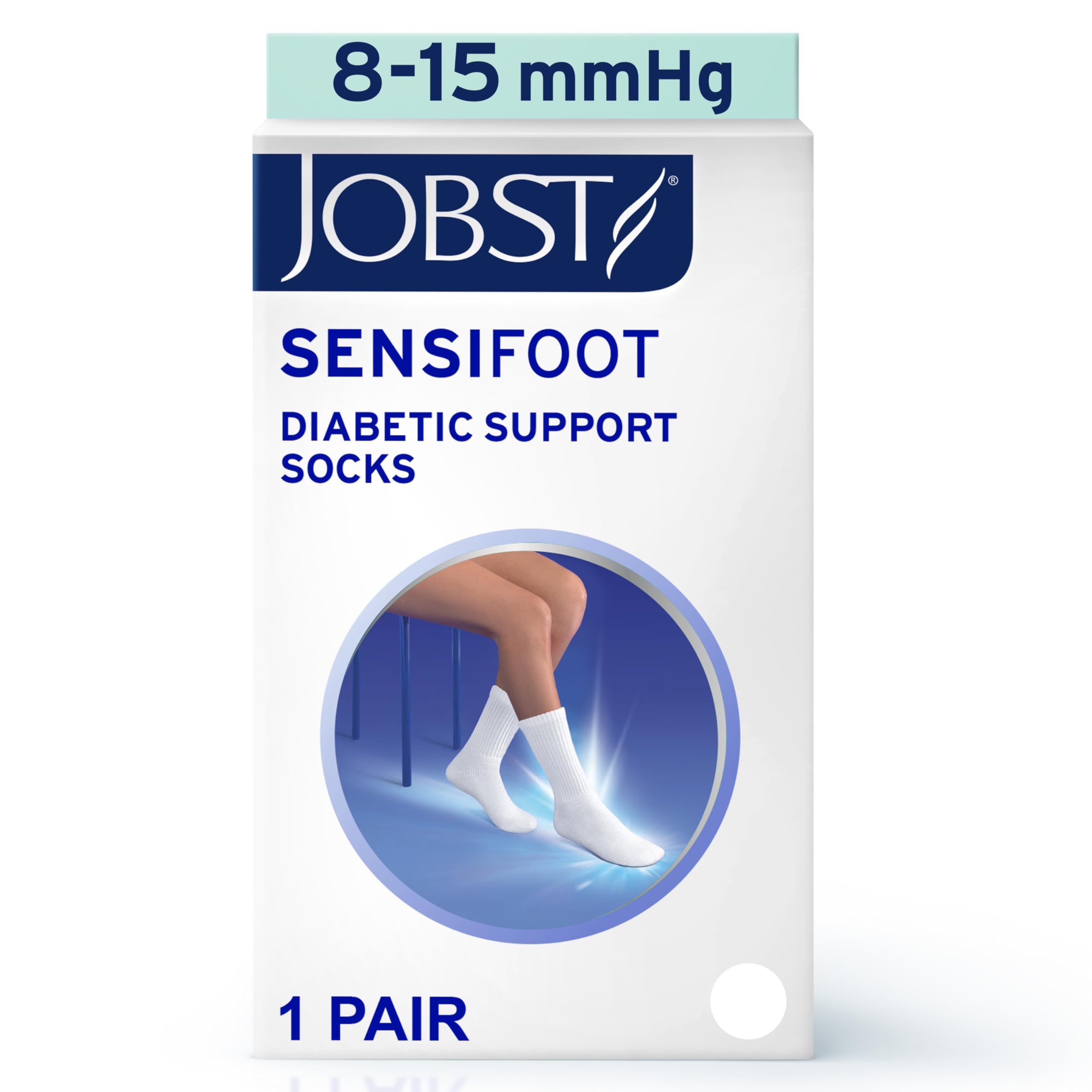 JOBST SensiFoot Diabetic Compression Socks for Men and Women 8-15 mmHg with Seamless Toe and Moisture Management - Extra Padding in Toe, Foot, and Heel Area - Crew Length - Closed Toe - White, Large