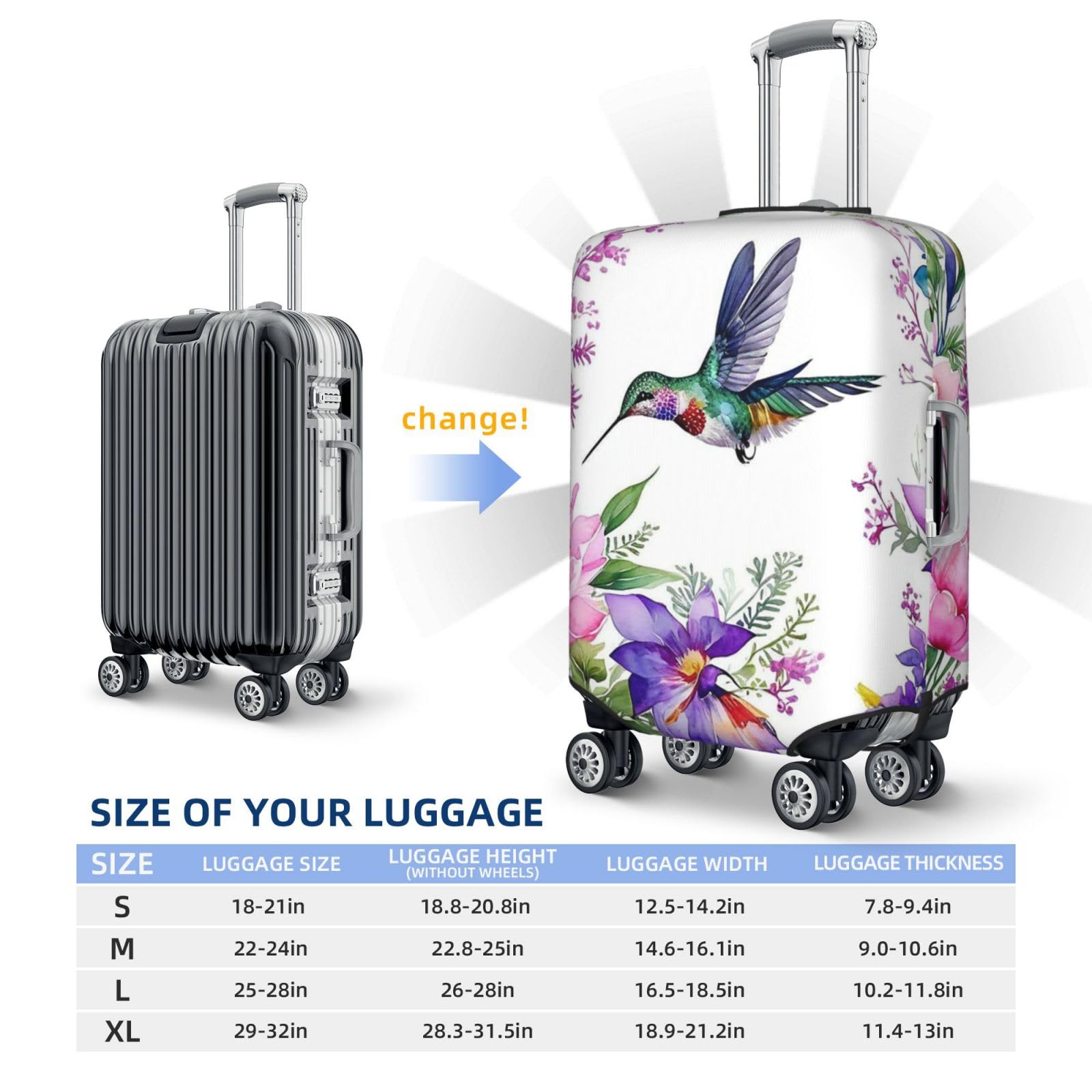 Kofferabdeckungen, Kofferschutzhülle mit Kolibri-Blumenmotiv, 18–32 Zoll(M)