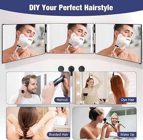 Miniatura 6 de Dripex Espejo de 3 vías para corte de cabello automático, espejo recargable de 360 con luces LED, espejo de corte de pelo triple con ganchos