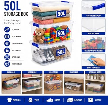 KAPCO Stackable Storage Bins with Lids – 3 x 50L Clear Plastic Organizer Boxes | Durable Modular Containers with Clip Lock Handles for Home, Garage, Loft, Kitchen, Closet, Office, Moving, Pantry Use