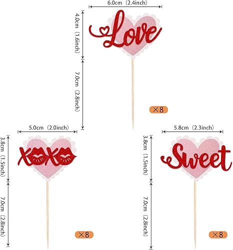 Miniatura 9 de 24 piezas de adornos para cupcakes de Feliz Día de San Valentín labios con purpurina corazón dulce amor boda automóvil bésame para el día de San