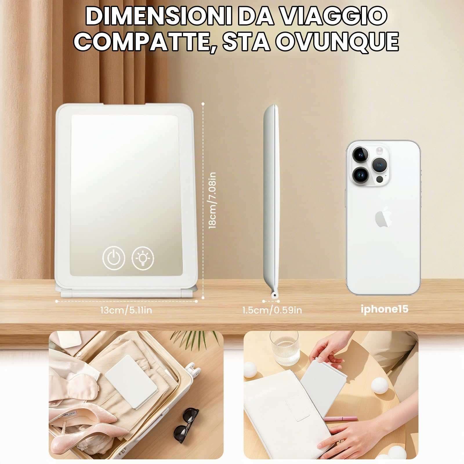 HYROMIN Specchio Trucco con Luci Ricaricabile — immagine 3 di 15