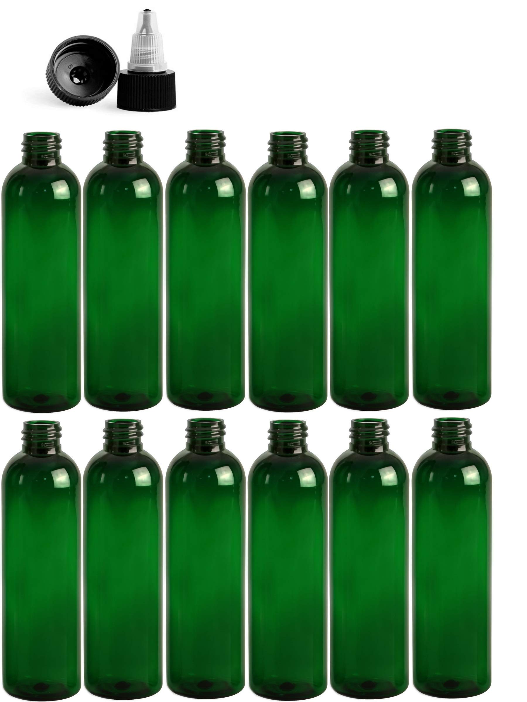 8 Ounce Cosmo Round Bottles, PET Plastic Empty Refillable BPA-Free, with Black/Natural Twist Top Caps (Pack of 12) (Green)