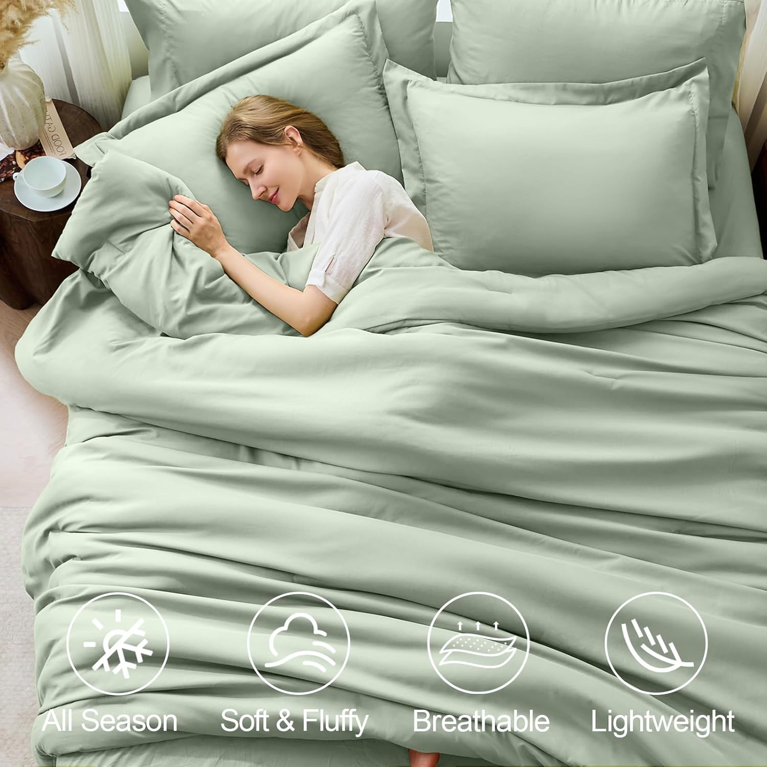 FUANNA Queen Comforter Set Sage Green, 7 Pieces Soft Bedding Sets Queen Size, All Season Lightweight Bed in a Bag with Comforter, Flat Sheet, Fitted Sheet, Pillowcases & Shams - Image 2