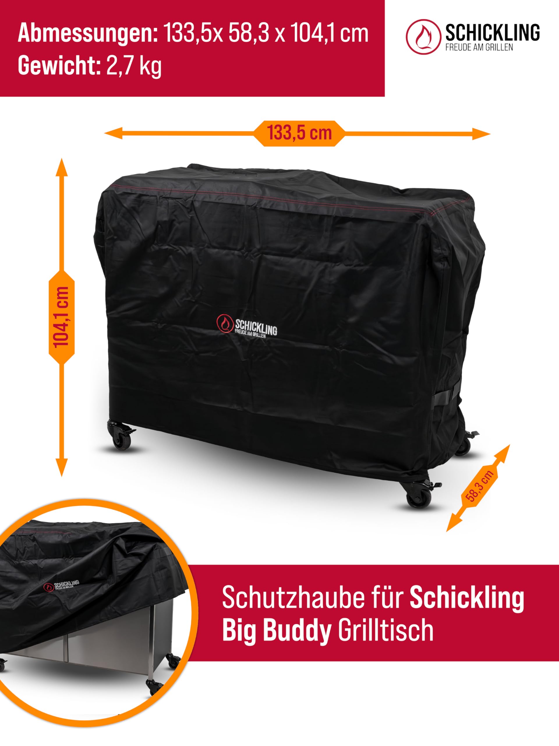 Schickling Grilltisch Grillabdeckung Wetterfest Groß - Abdeckung für Beistelltisch Grillwagen - wasserdichte Grilltischhaube - BBQ Cover - 133 x 58 x 104 cm - UV Beständig - Passend für Big Buddy