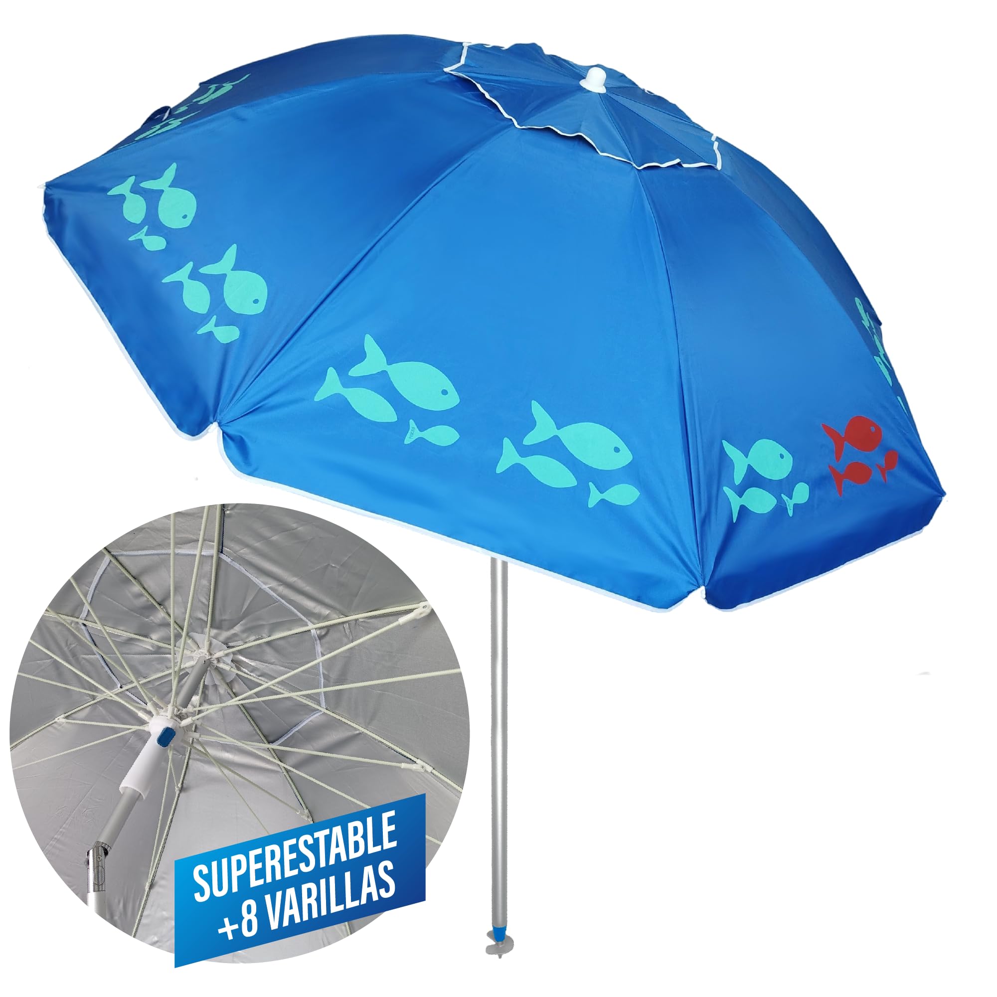 Pincho Sombrilla Playa Grande 200 cm, Antiviento Hasta 35 Km/h, Proteccion UV 50, Aluminio, 8+8 Varillas Fibra de Vidrio, Tubo 22-25 mm, Palo Reclinable, Montaje Rapido 30 Segundos, Bolsa Transporte