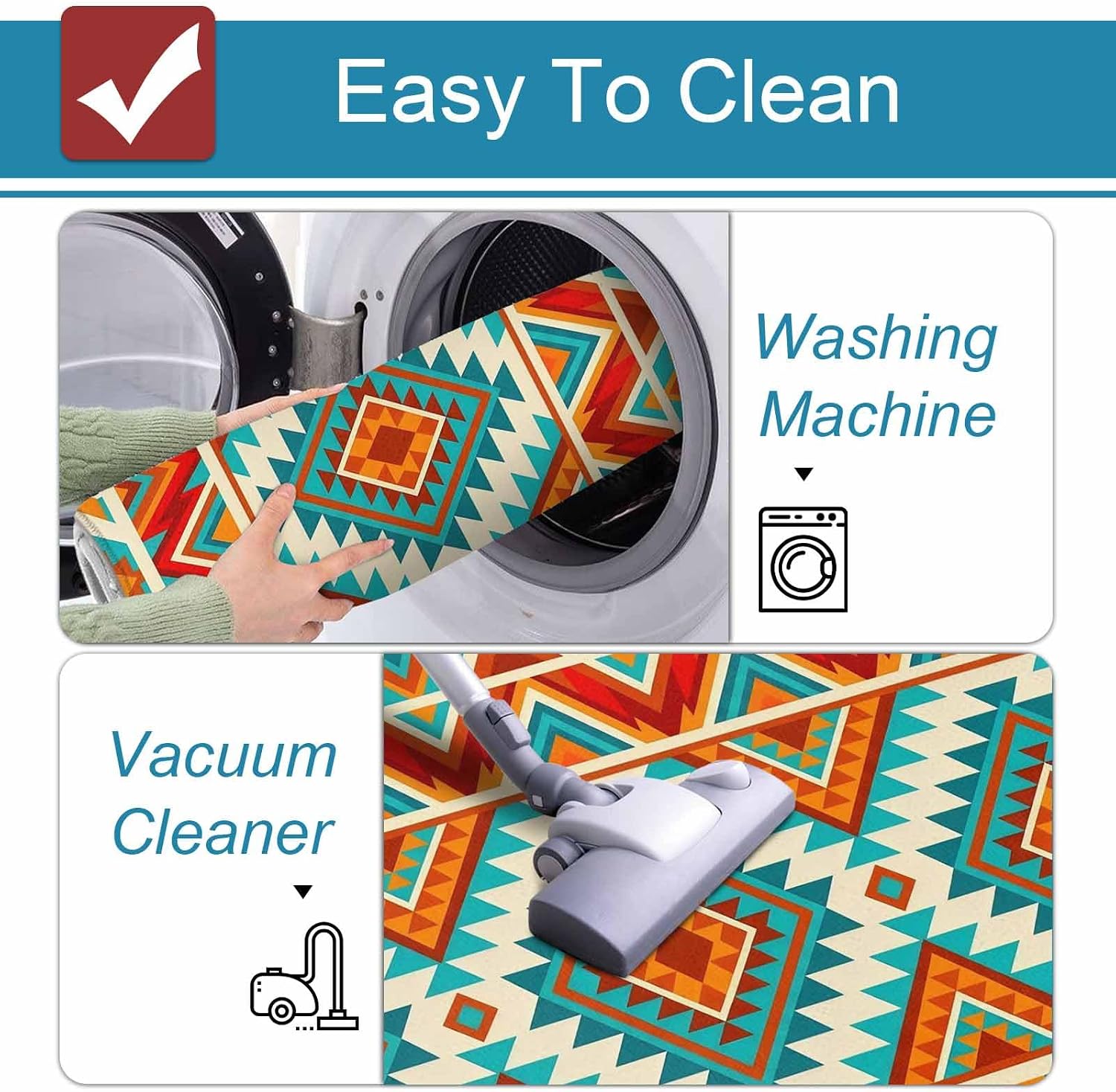 Prime Leader Boho Tribal Kitchen Mat Set 2 Pieces Orange Teal Tribal Ethnic Geometric Striped Argyle Non Slip Kitchen Rugs Washable Runner Rug Mats for Sink Laundry (23.6" x 35.4"+23.6" x 70.9")