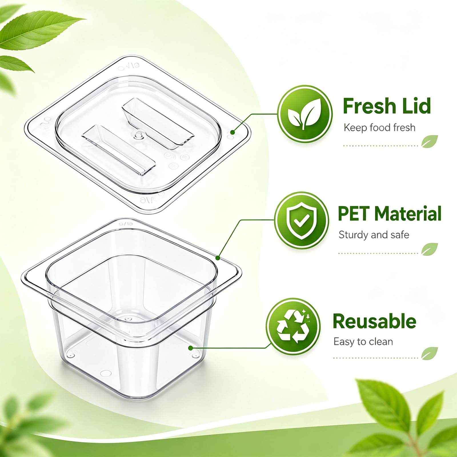 Bekith Confezione da 6 padelle Gastronorm da 1/6 con coperchio, contenitori per alimenti con coperchio, in plastica trasparente, contenitori per insalata, per cucina, ristorante, bar, 10 cm di