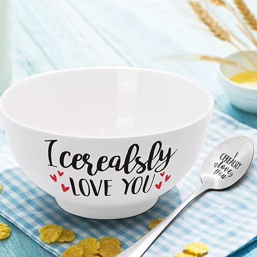 Juego de cuenco y cuchara con texto en inglés "I Cerealsly Love You" para cumpleaños, jubilación, caja de regalo grabada, cesta para él, para