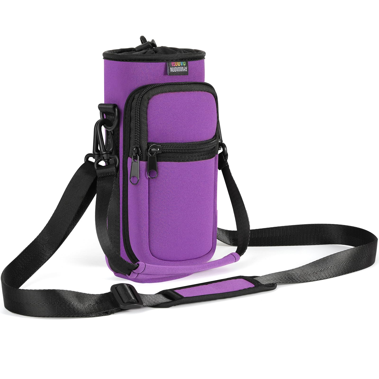 Nuovoware Water Bottle Carrier Bag, 750ml Bottle Pouch Holder, Adjustable Shoulder Hand Strap 2 Pocket Sling Neoprene Sleeve Sports Accessories for Men/Women Hiking Travelling, Purple — image 1