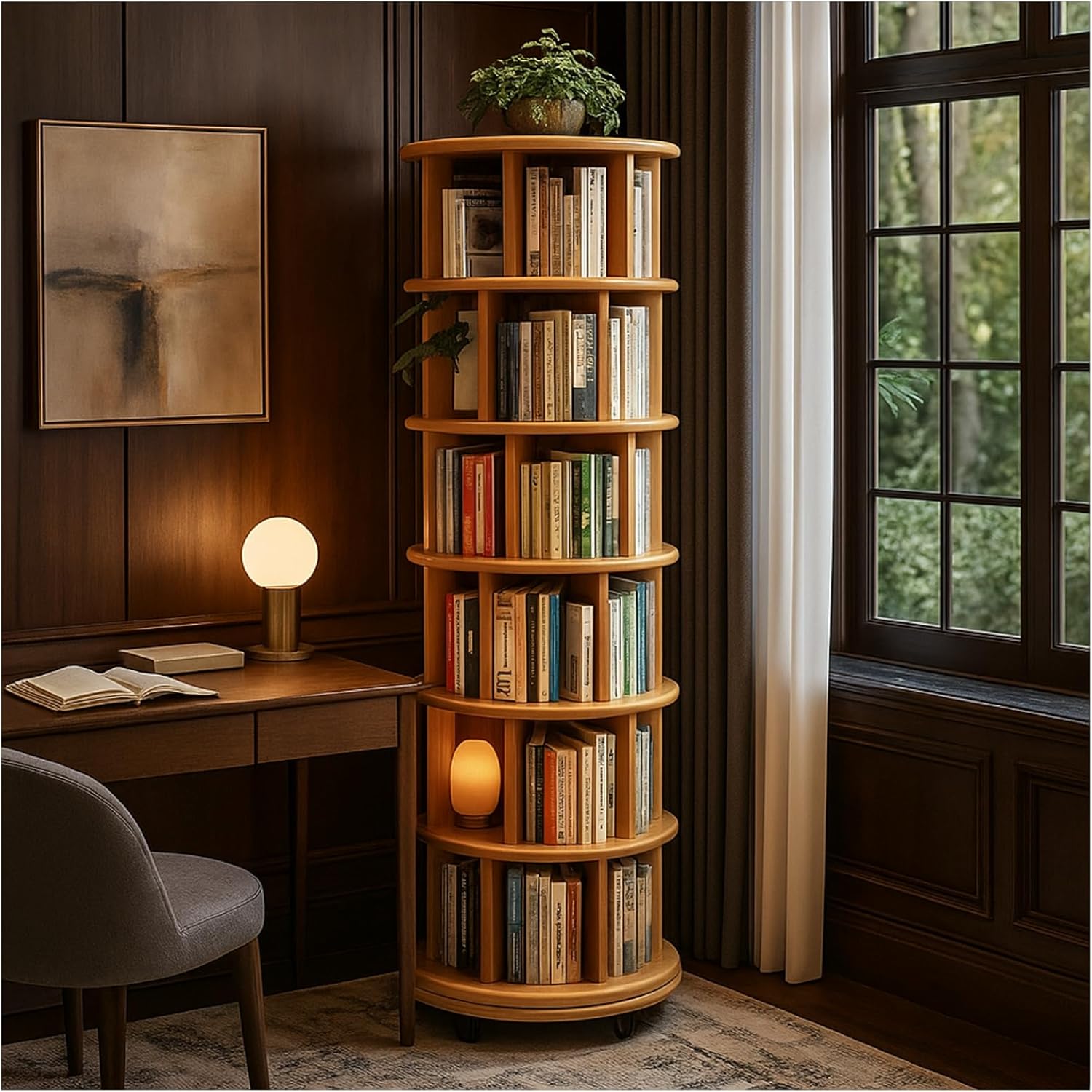 Solid Wood Revolving Bookcase with Wheels, Solid Wood 6-Tier Round Bookshelf, 360° Wooden Rotating Book Tower, Narrow Rolling Vertical Display Storage Rack (Natural Color, 6 Tier, 78" H)