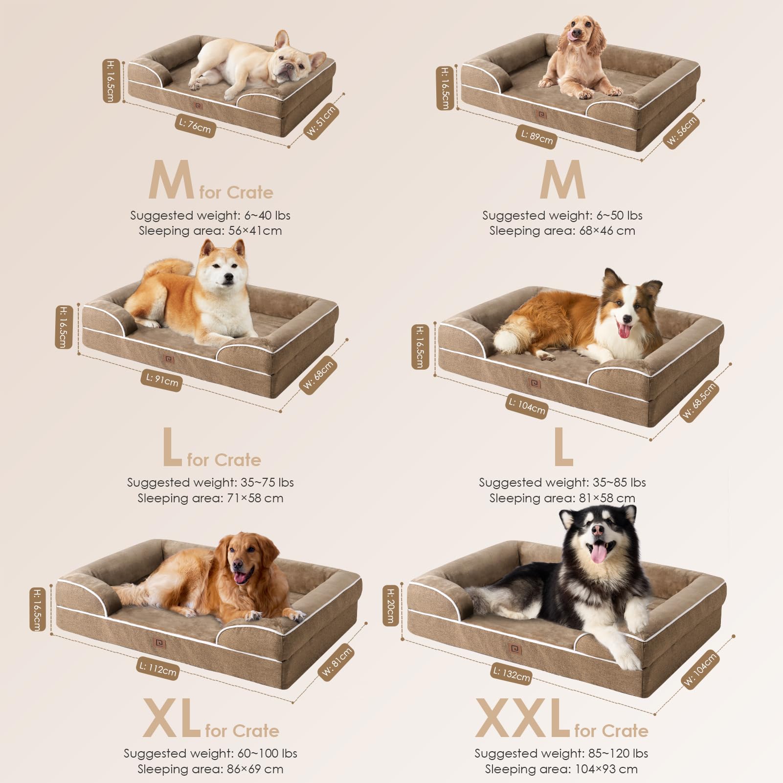 EHEYCIGA Cuccia Cane Interno Taglia Media, Cuscino Cane Impermeabile Sfoderabile e Lavabile, Letto per Cani con tre Lati Rialzati Ortopedico, Cuccia Divano per Cani, Cammello, 91x68x16cm