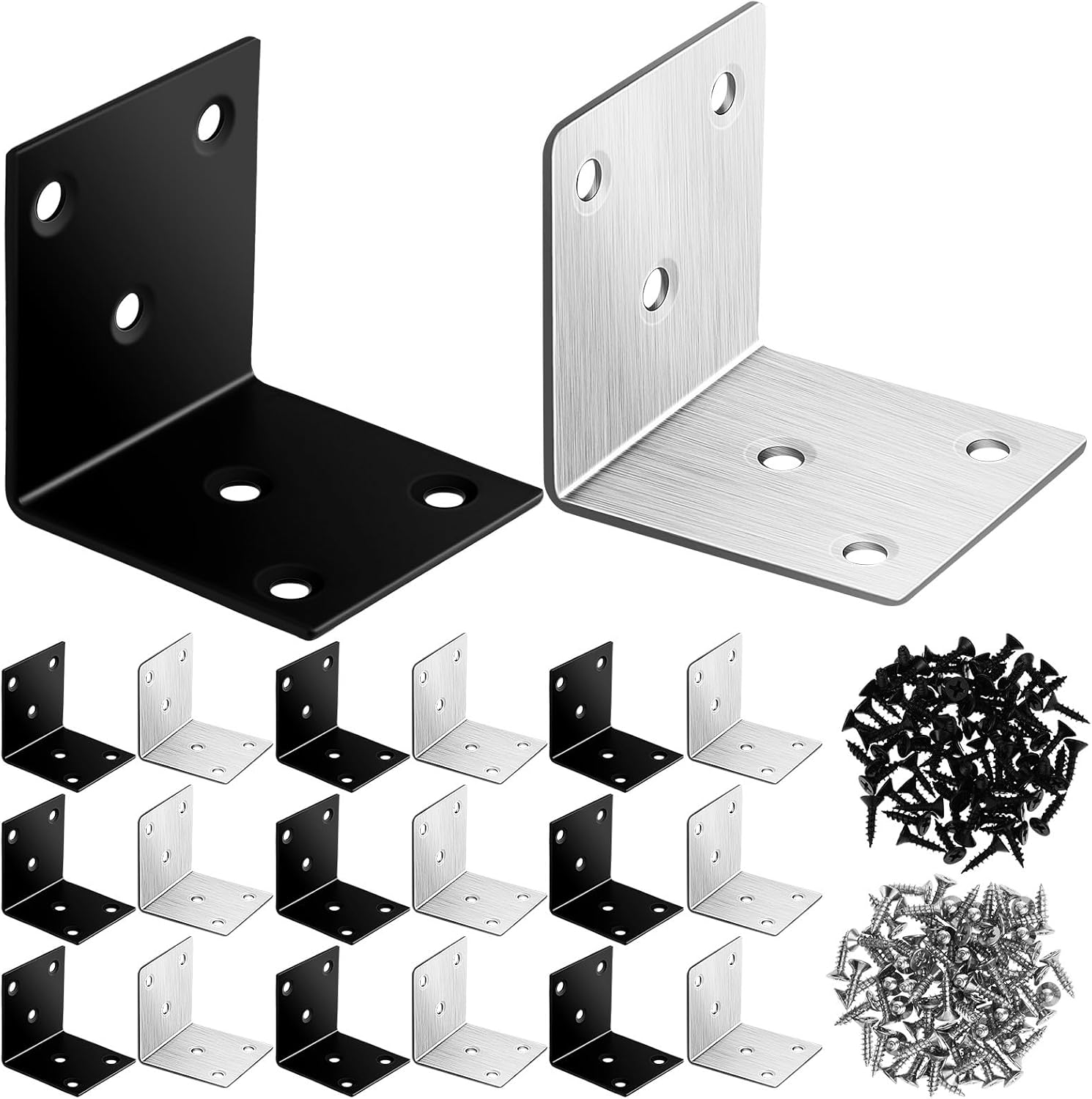 140pcs Metal Corner Brackets and Screws Set 5cm X 5cm for Furniture Repair, Raised Bed Frames, Cabinets with Black and Silver Braces for Industrial and Home Use
