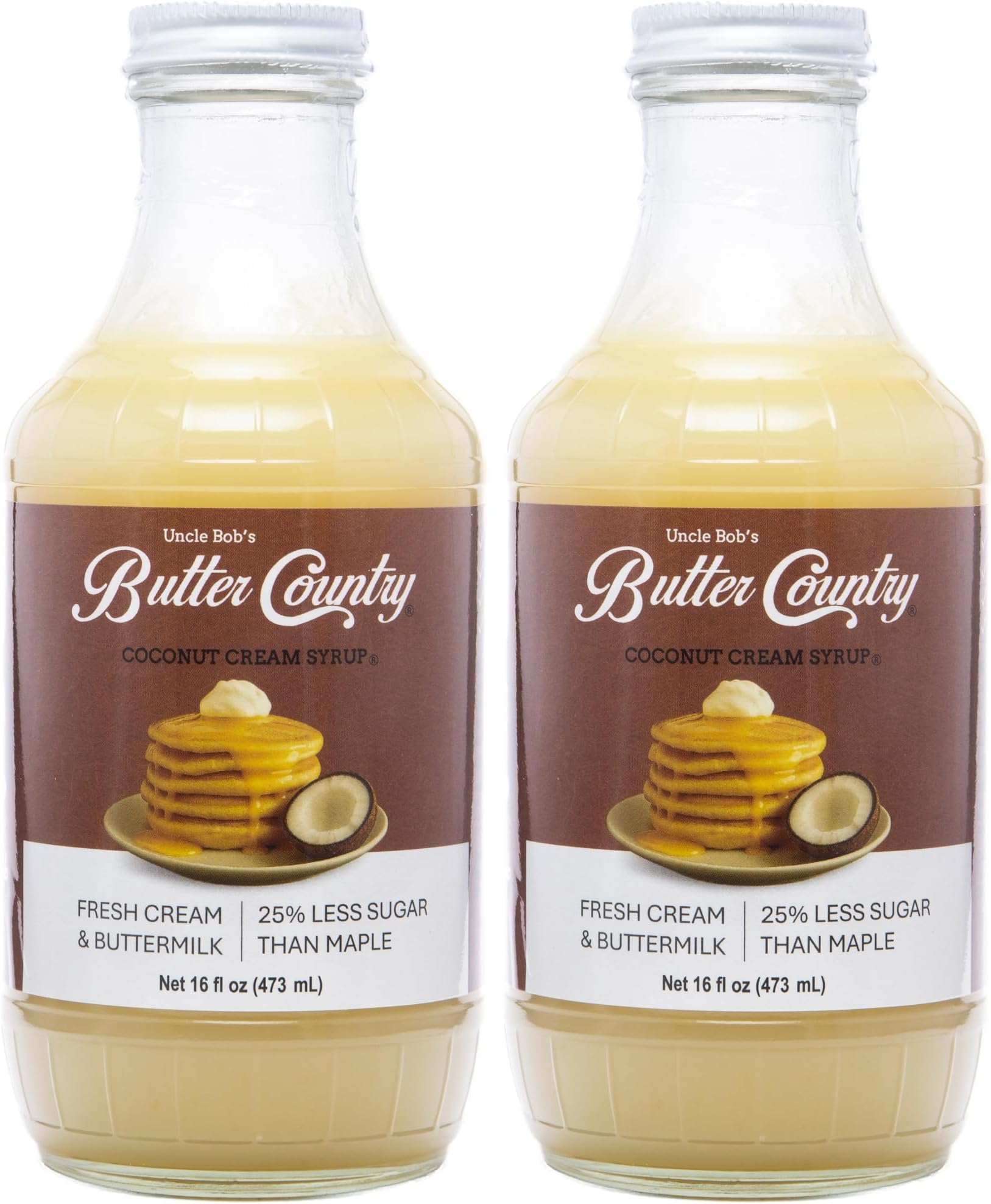 Uncle Bob's Butter Country Rich & Creamy Coconut Syrup for Pancakes and Waffles, Less Sugar, No Corn Syrup, Gluten Free, Made without Artificial Flavors, 16 fl oz Bottle/2 Pack