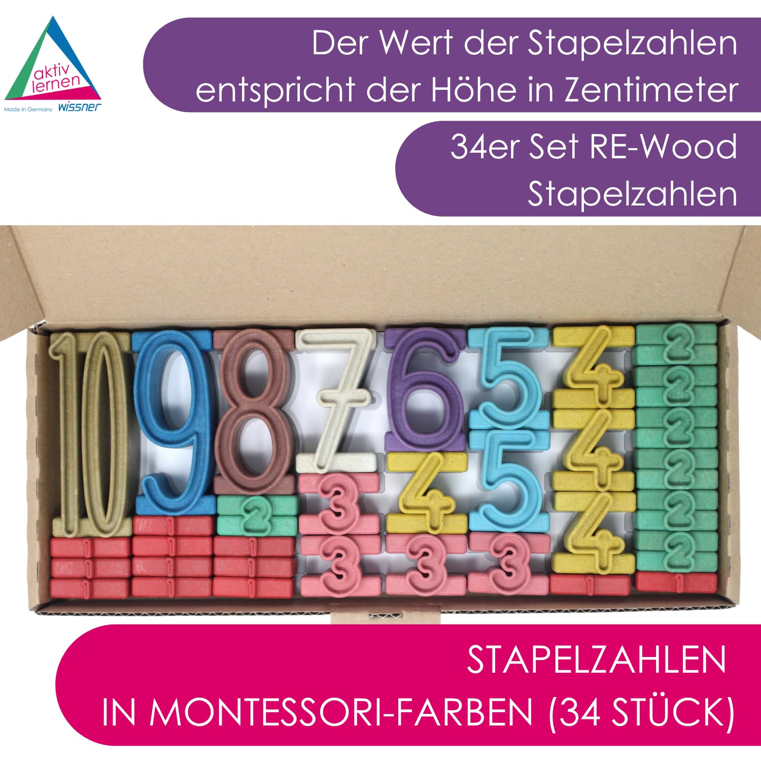 WISSNER® RE-Wood Montessori Stapelzahlen (34 Stück) – Lernspielzeug