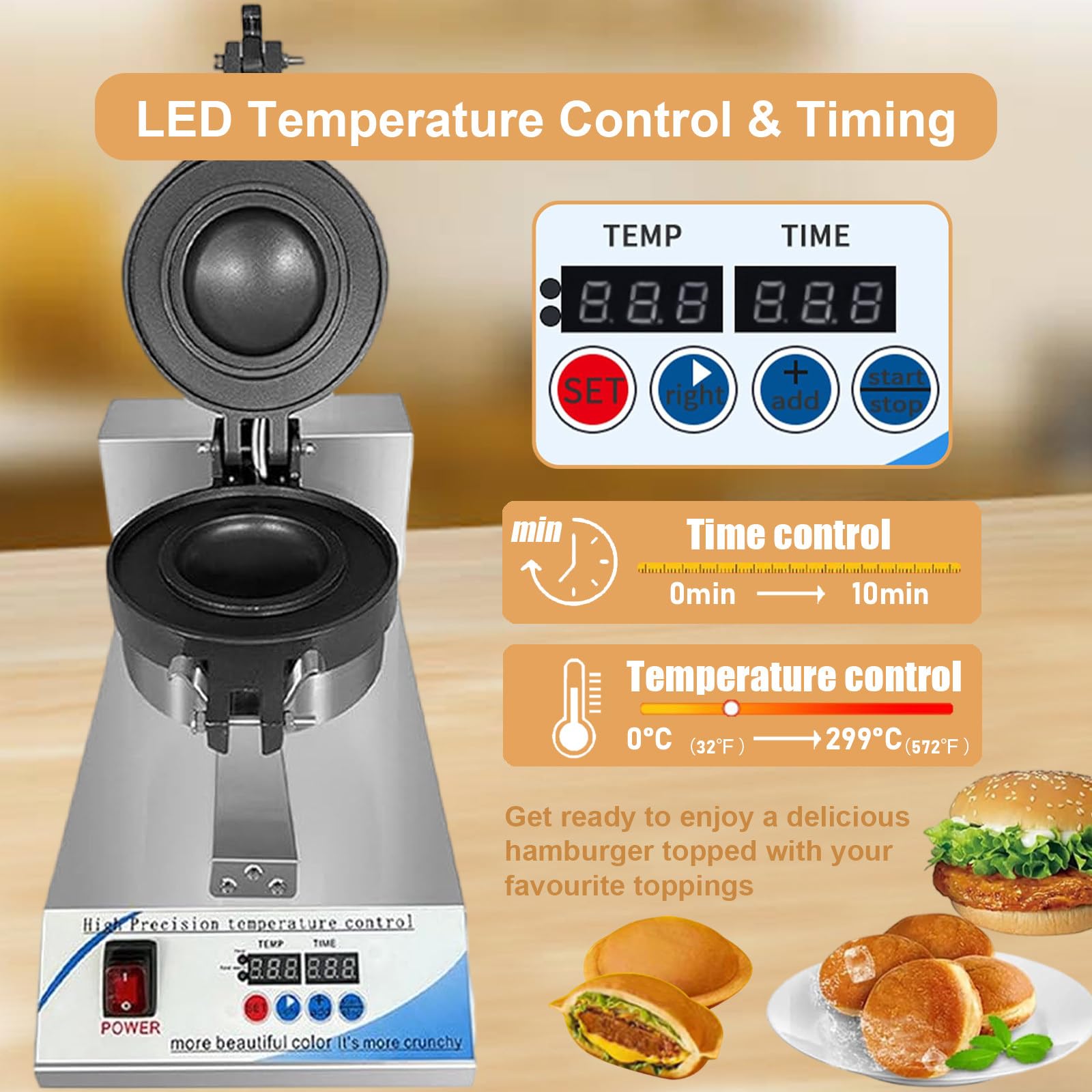 Máquina para Hacer Hamburguesas Y Gofres - Prensa Eléctrica para Sándwiches con Relleno De Helado, Control Digital De Temperatura LED Y Temporizador, Calentamiento por Ambos Lados