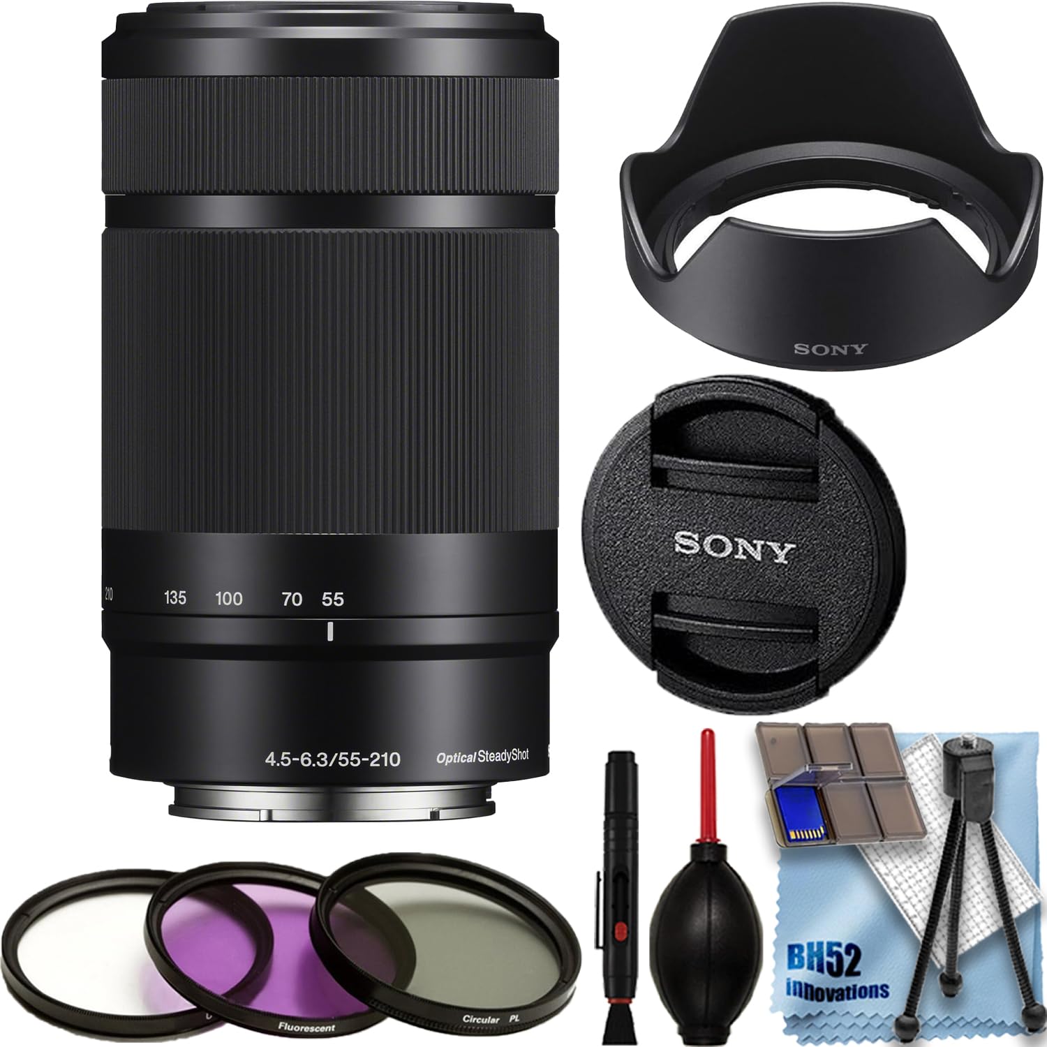 Sony E 55-210mm f/4.5-6.3 OSS Lens (Black) + 3 pcs Filter Kit (UV/CPL/FLD) + Deluxe Accessory Bundle (Renewed)