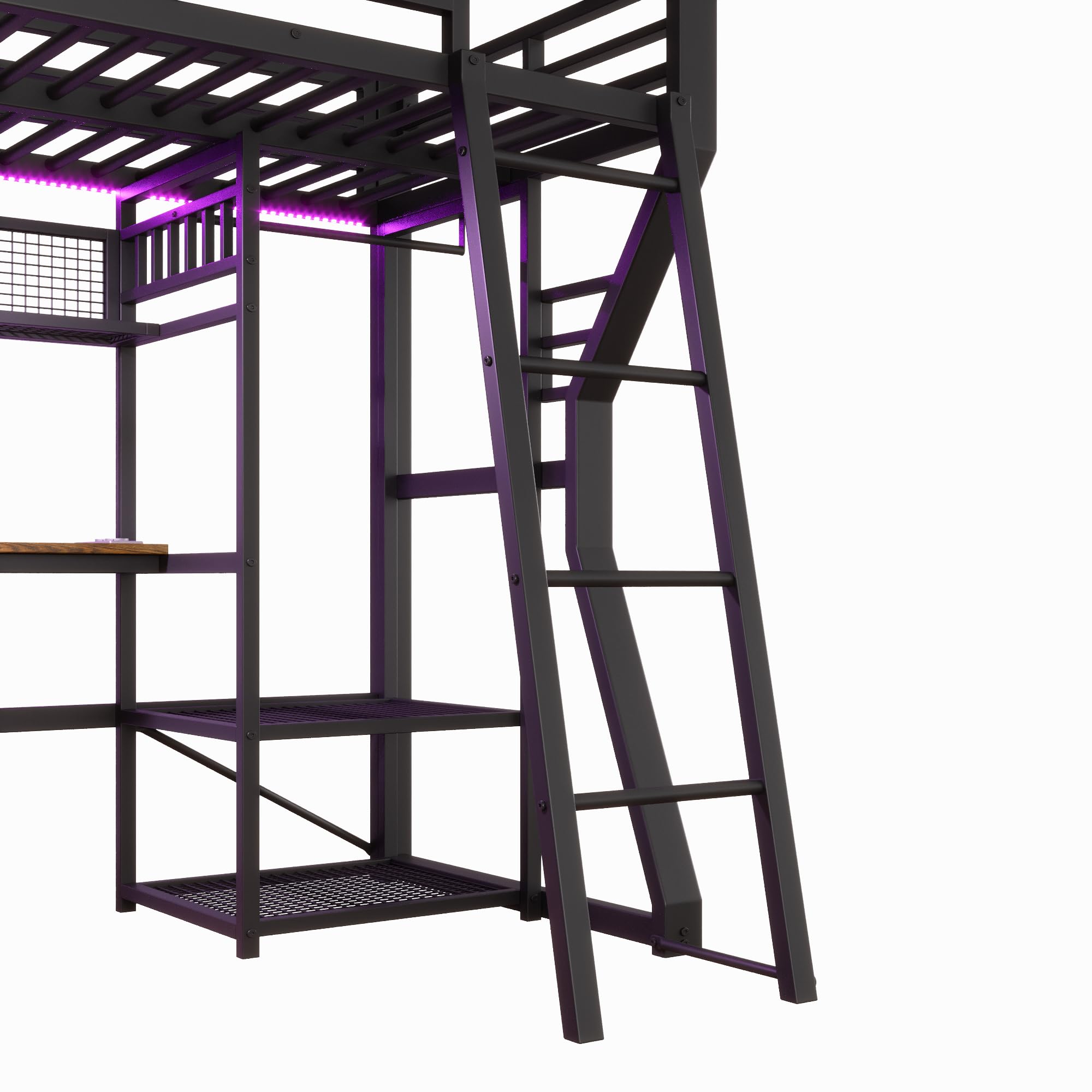 Moimhear Letto a soppalco, telaio in ferro, con barra luminosa, presa, area appendiabiti, scrivania, scomparti portaoggetti, spazio aperto sotto il letto (nero, 90 x 200 cm)