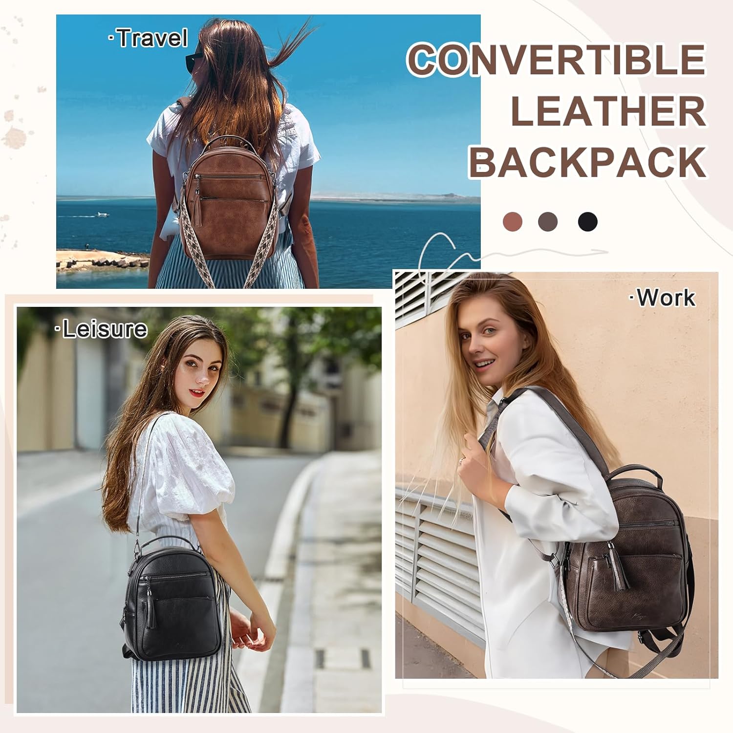 Kasqo Kaso Mini Backpack Purse for Women,Water Resistant PU Leather Small Backpack Convertible Ladies Shoulder Bag Travel Handbag 3 Ways to Carry Brown - Image 6