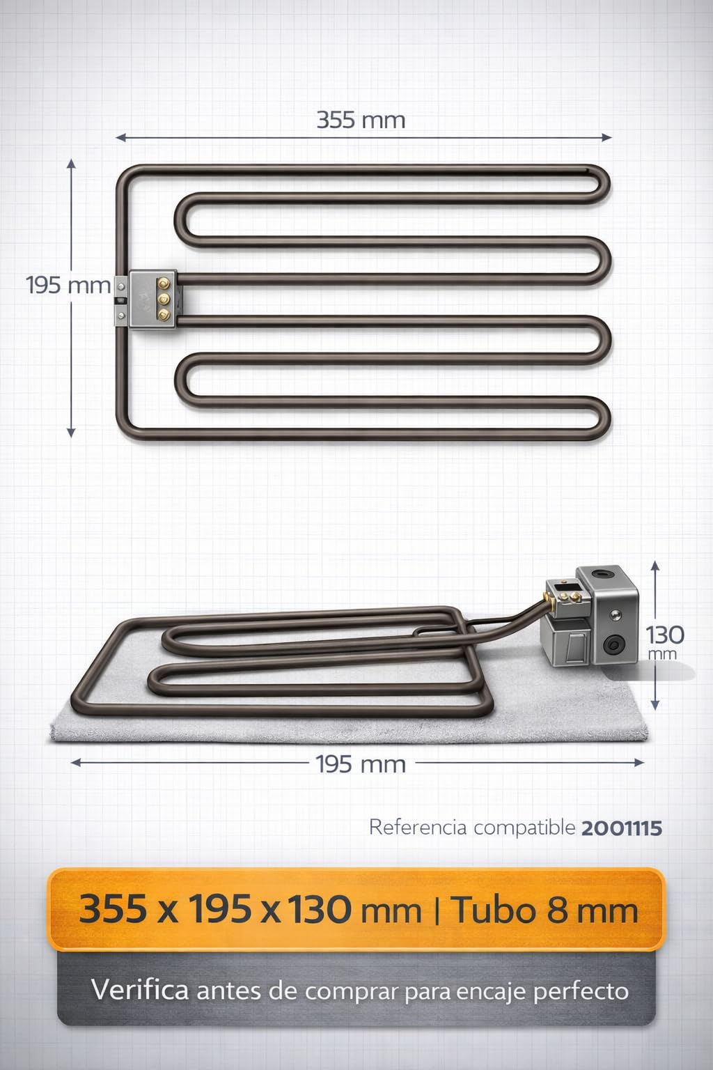 RO Linea Blanca ® Resistencia Freidora 3200W 230V Con Caja Conexion Tipo Enchufe Repuesto Inmersion Compatible con Jemi J6 N10 Serie 600 Medidas 355x195mm Tubo 8mm Calentamiento Rapido Hosteleria