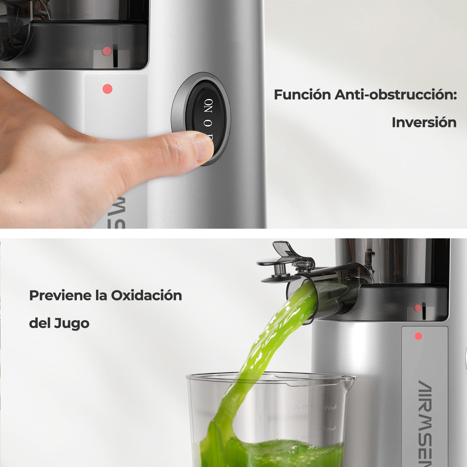 AIRMSEN Extractor de Zumos y Verduras, 82MM Apertura Extractor de Jugo para Verduras y Frutas Enteras, Licuadora Prensado en Frío Slow Juicer Sin BPA, Fácil de Instalar, 150W (Plata)