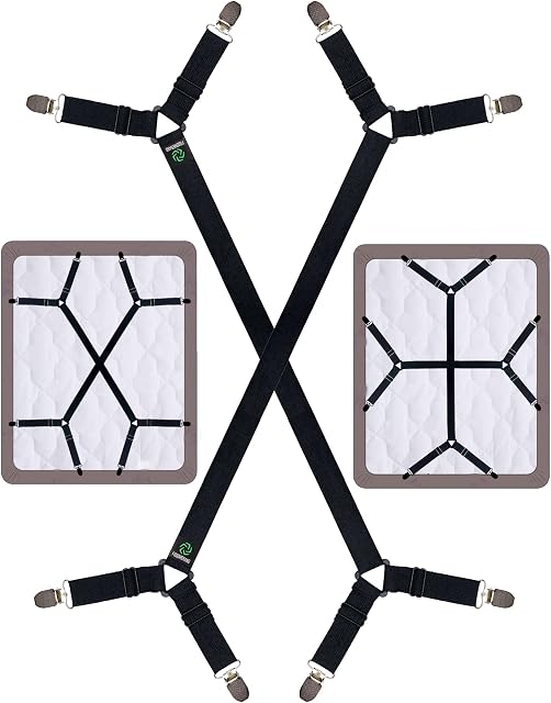 FIBOOMERANG Bed Sheet Clips, Criss-Cross Bed Sheet Straps Fasteners Fitted Sheets Flat Bedsheet in Place Mattress Corner Suspenders Grippers Holders (2Pcs/Set, Black)