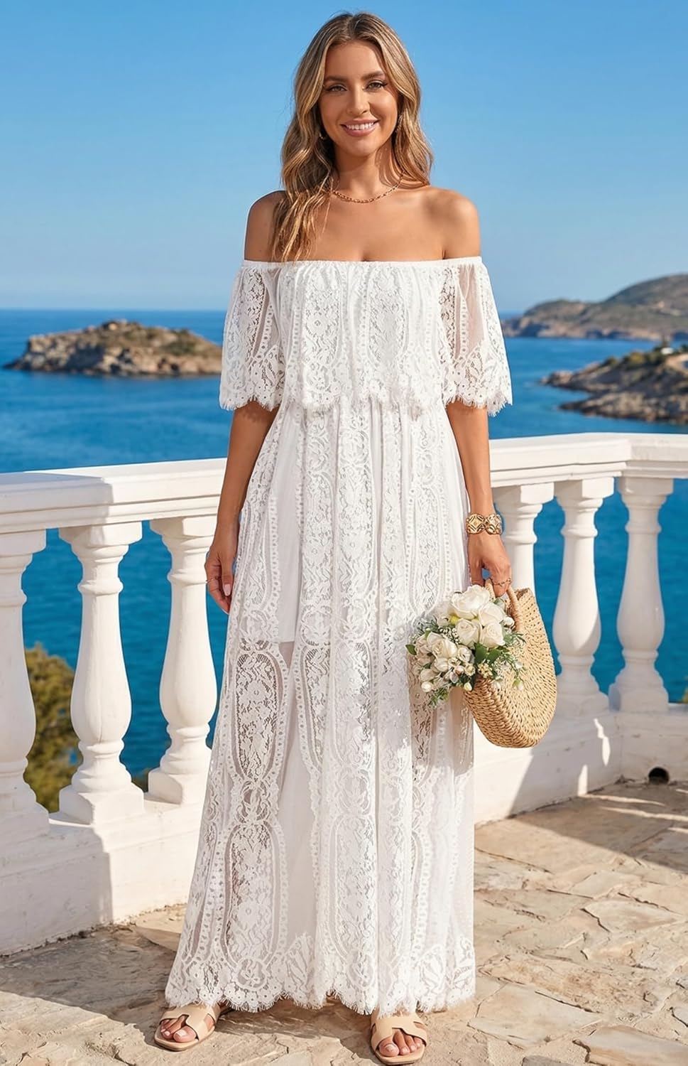 Holipick Women's Off Shoulder Lace Maxi Dress Boho Wedding Guest Bridesmaid Beach Formal Long Dress