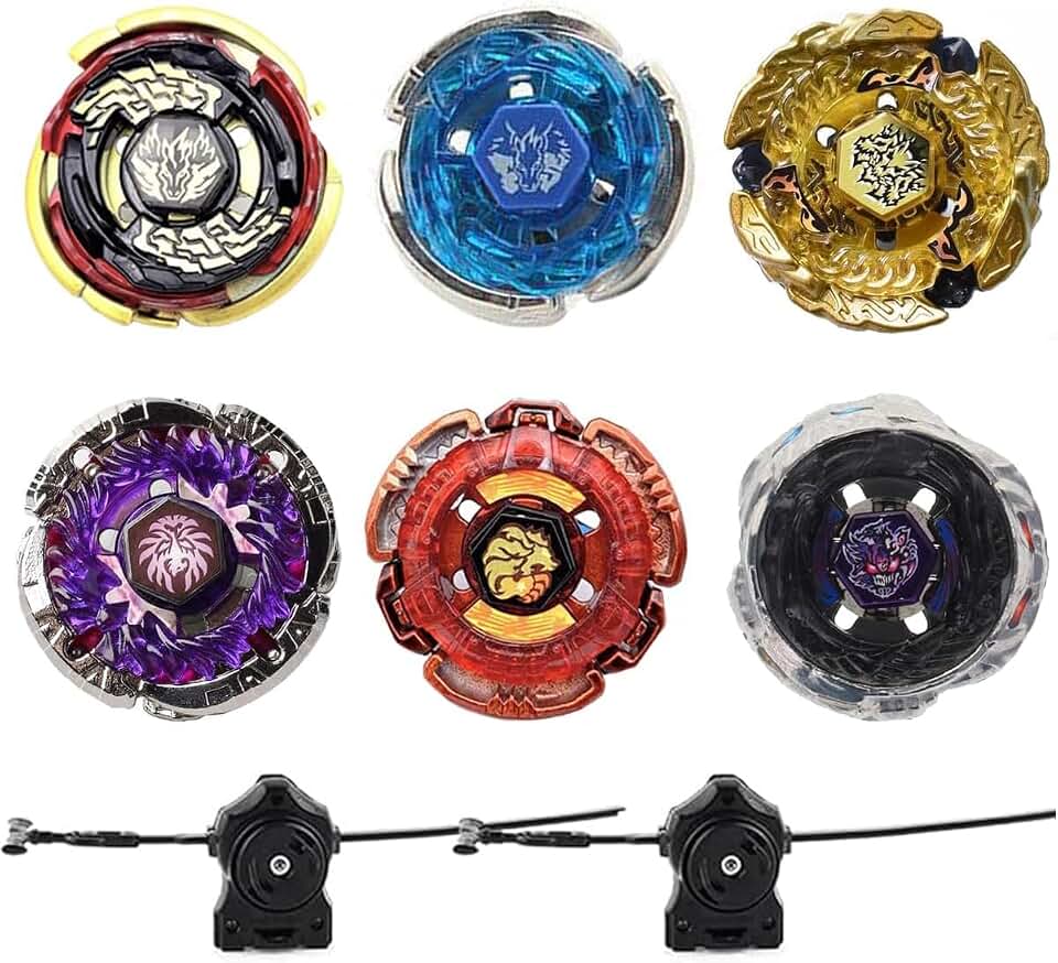 Conjunto Inicial de 6 Piões de Batalha Gyros Metal Fusion com Adesivos e Dois Lançadores.