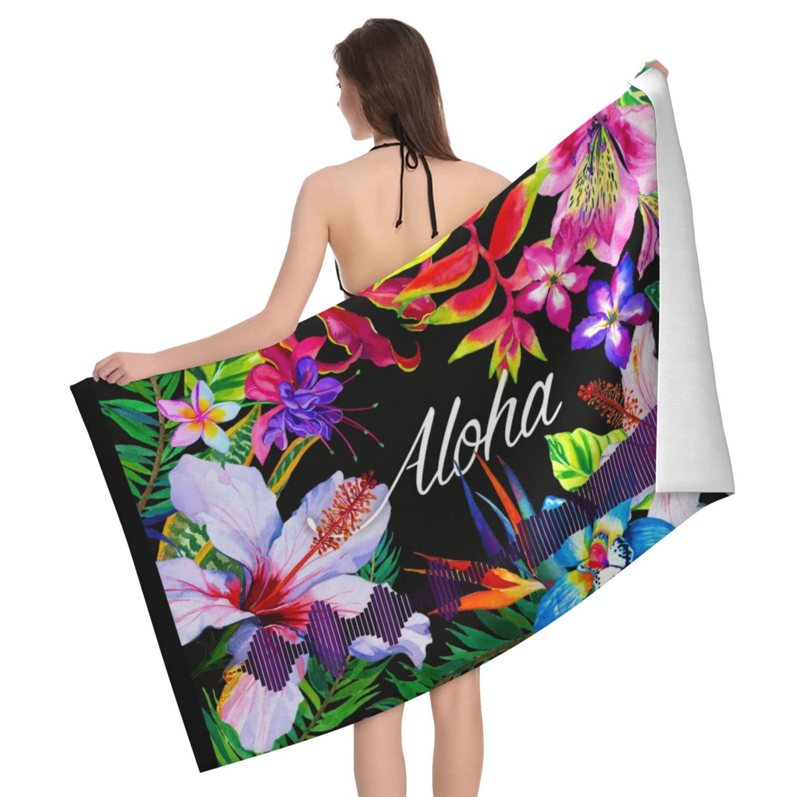Lawenp Tropical Flowers Beach Towel, Lightweight Sand Free Quick Dry Microfiber Absorbent Bath Towel for Kids, Adults, Swimming, Bath, Yoga, Pool, Travel, Camping 32"X52"