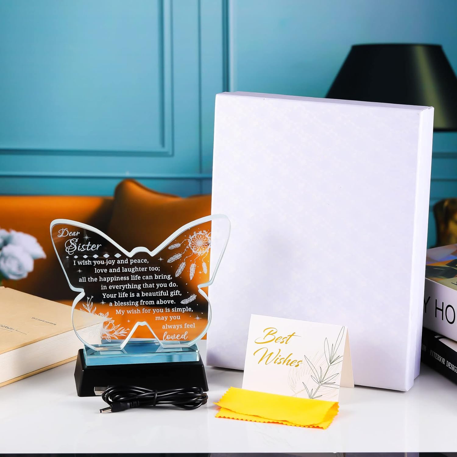 YWHL Butterfly Shaped Big Sister Birthday Gifts from Sister, Christmas Gift for Sister, Laser Engraving Glass Keepsake with Colorful Light Base - Image 9