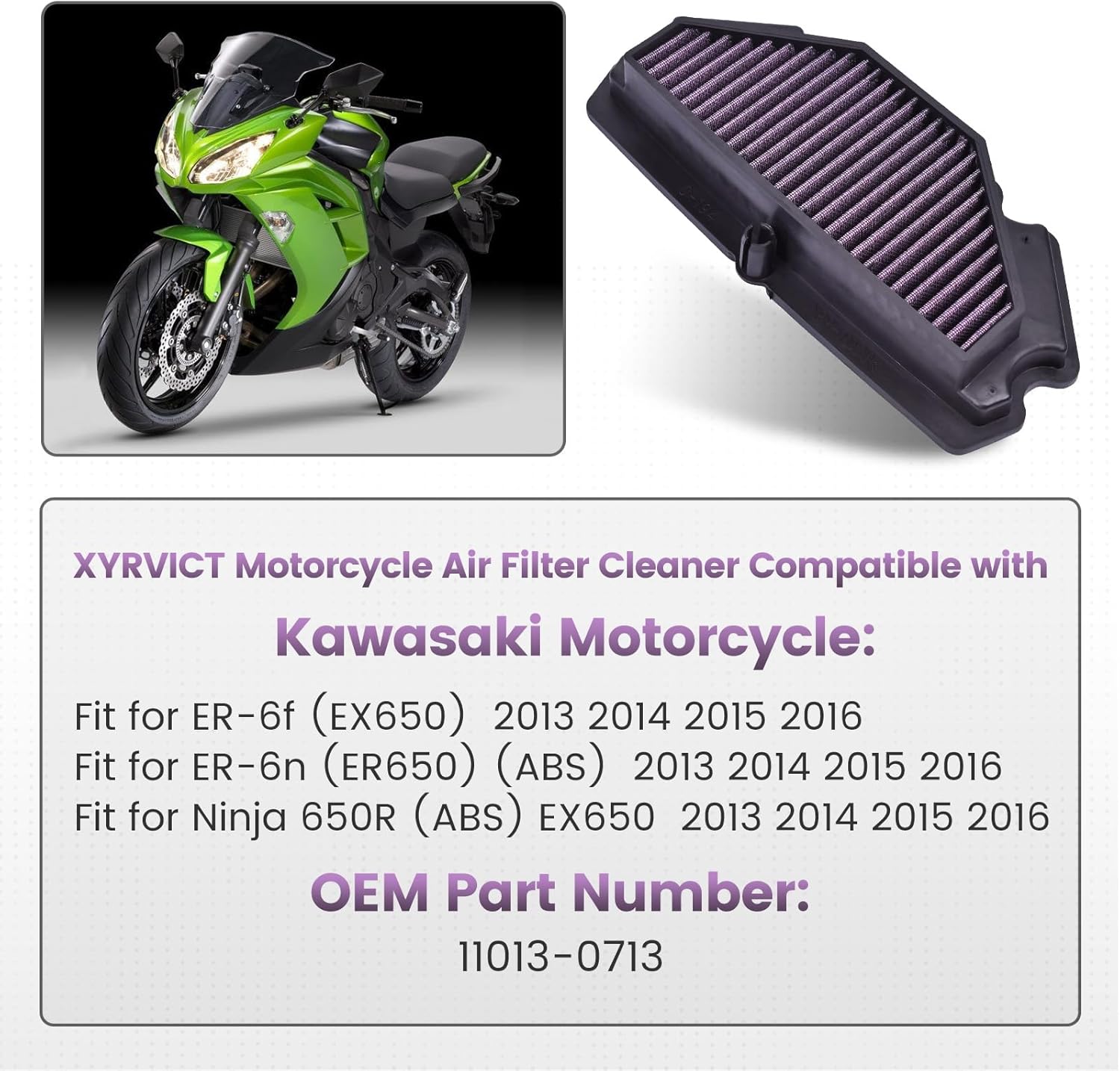 Air Filter for Kawasaki ER-6f EX650 ER-6n ER650 ABS 2013 2014 2015 2016, for Ninja 650R 2013 2014 2015 2016, 11013-0713