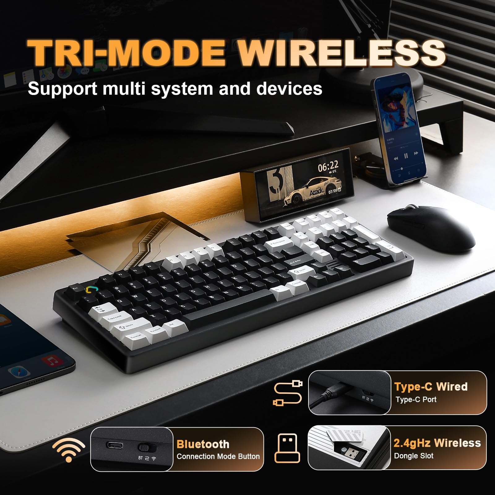 YUNZII AL98 QMK/VIA Bezprzewodowa Mechaniczna Klawiatura Gamingowa, Pełna Aluminiowa Obudowa, BT/2.4G/USB-C, Podświetlenie RGB dla Win/Mac (Czarny, Milk V2 Linear)