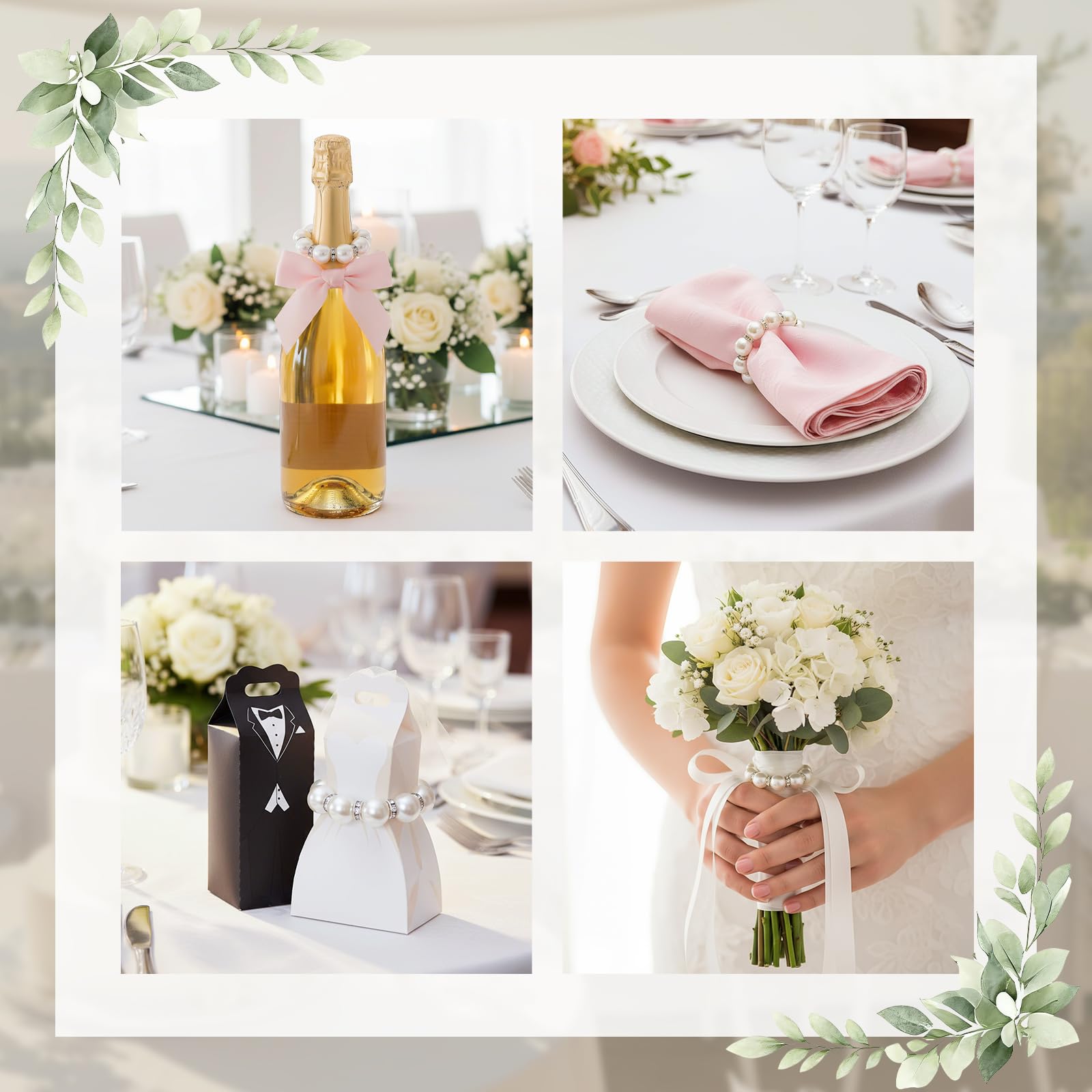 Suream Lot de 100 ronds de serviette en perles avec strass argentés - Décoration de table pour fête d'anniversaire, table de banquet et usage quotidien (blanc et argenté)