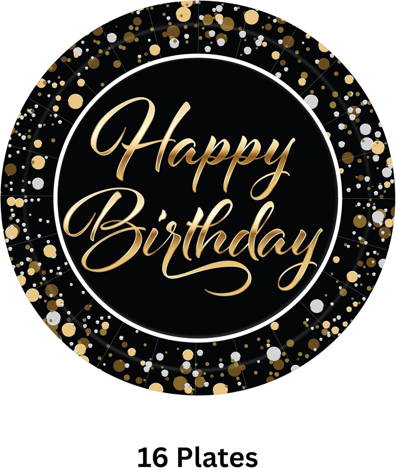 Beistle Happy Birthday Paper Plates – 16 Pack, Black and Gold Elegant Party Tableware with Script Lettering and Confetti Design, Round Disposable Dessert & Meal Plates for Milestone Celebrations, 9"