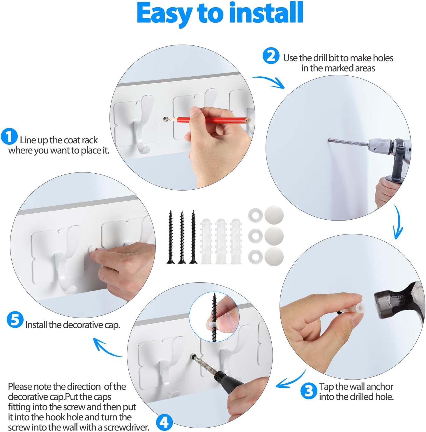Coat Rack Wall Mounted,Wooden Wall Coat Rack with 8 Double Hooks for Hanging Clothes,Coats,Hats,Jackets,31.5inch (White, 8 Hooks)