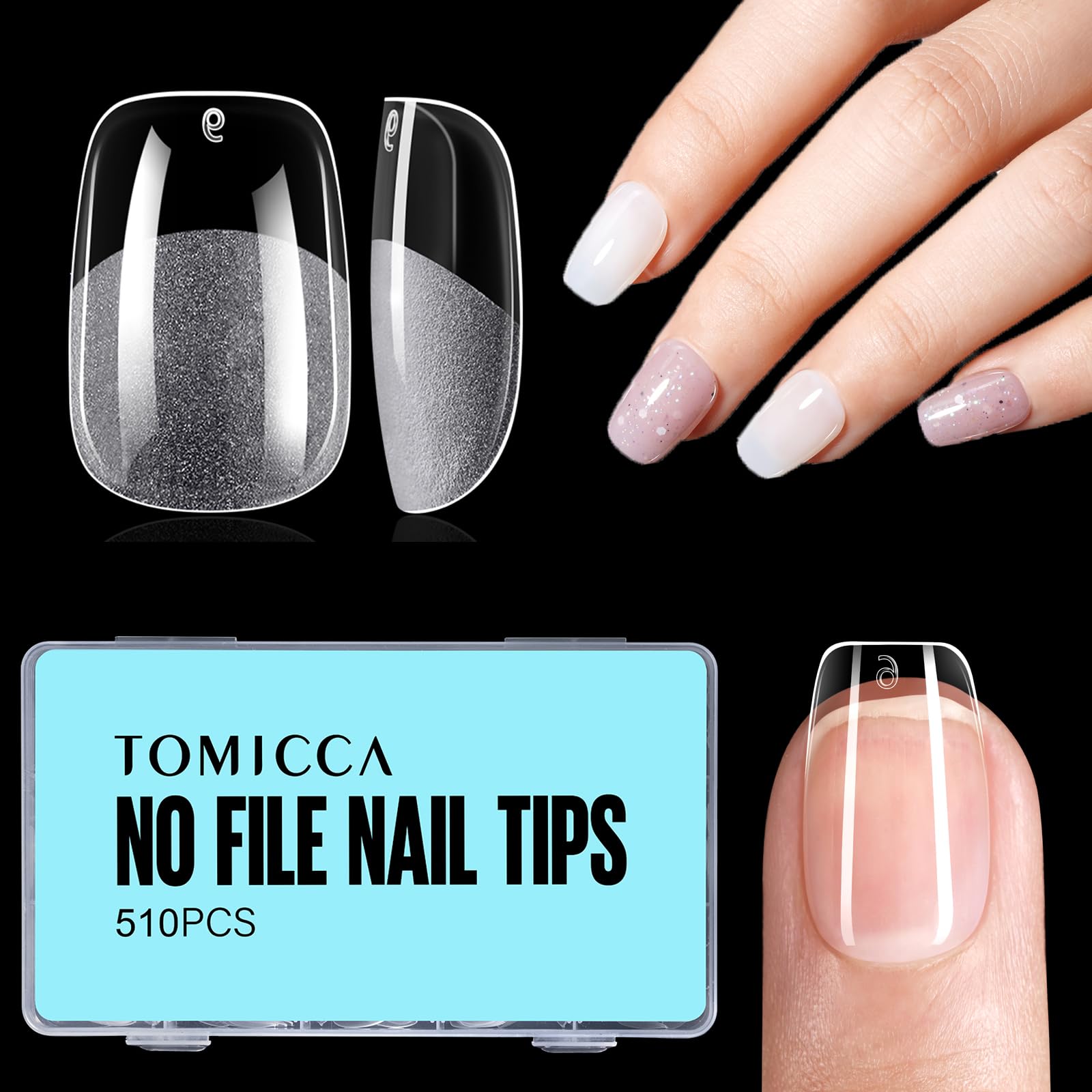 TOMICCA Short Square Gel Nail Tips, 510PCS Half Matte Full Cover No-File Extensions False Nails, Short Squoval -Half Matte