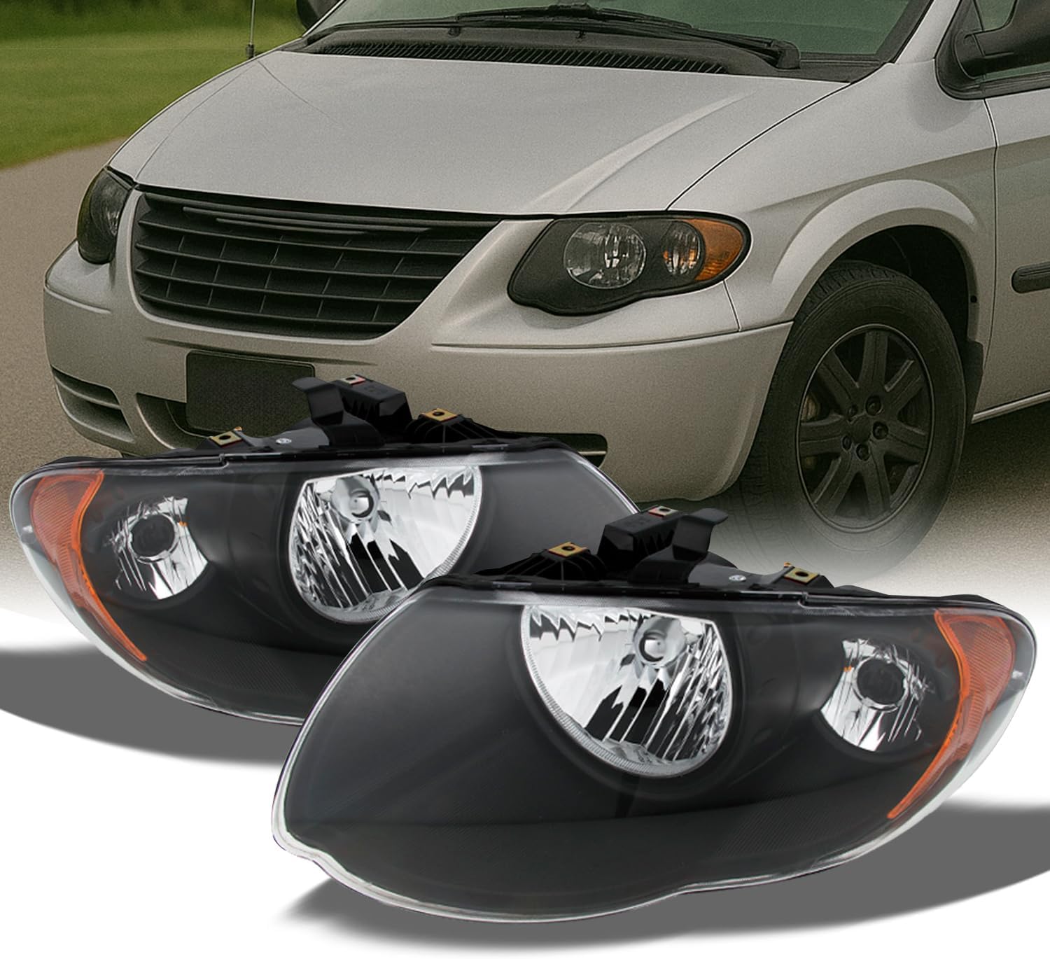 AKKON - For Chrysler Town & Country OE Replacement Black Bezel Headlights Driver/Passenger Head Lamps Pair New