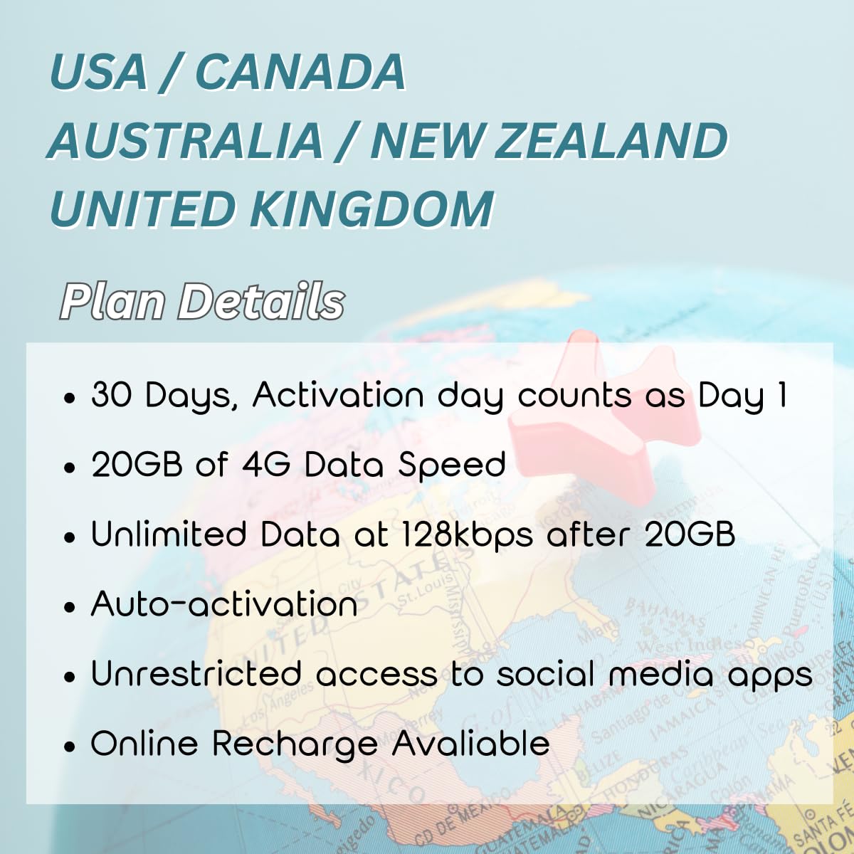 Carte SIM prépayée aux États-Unis, Canada, Royaume-Uni, Australie, Nouvelle-Zélande (10 Go, 30 jours) 4G haute vitesse à 128 kbps données illimitées | Prêt à l'emploi pour les voyages d'affaires | SIM