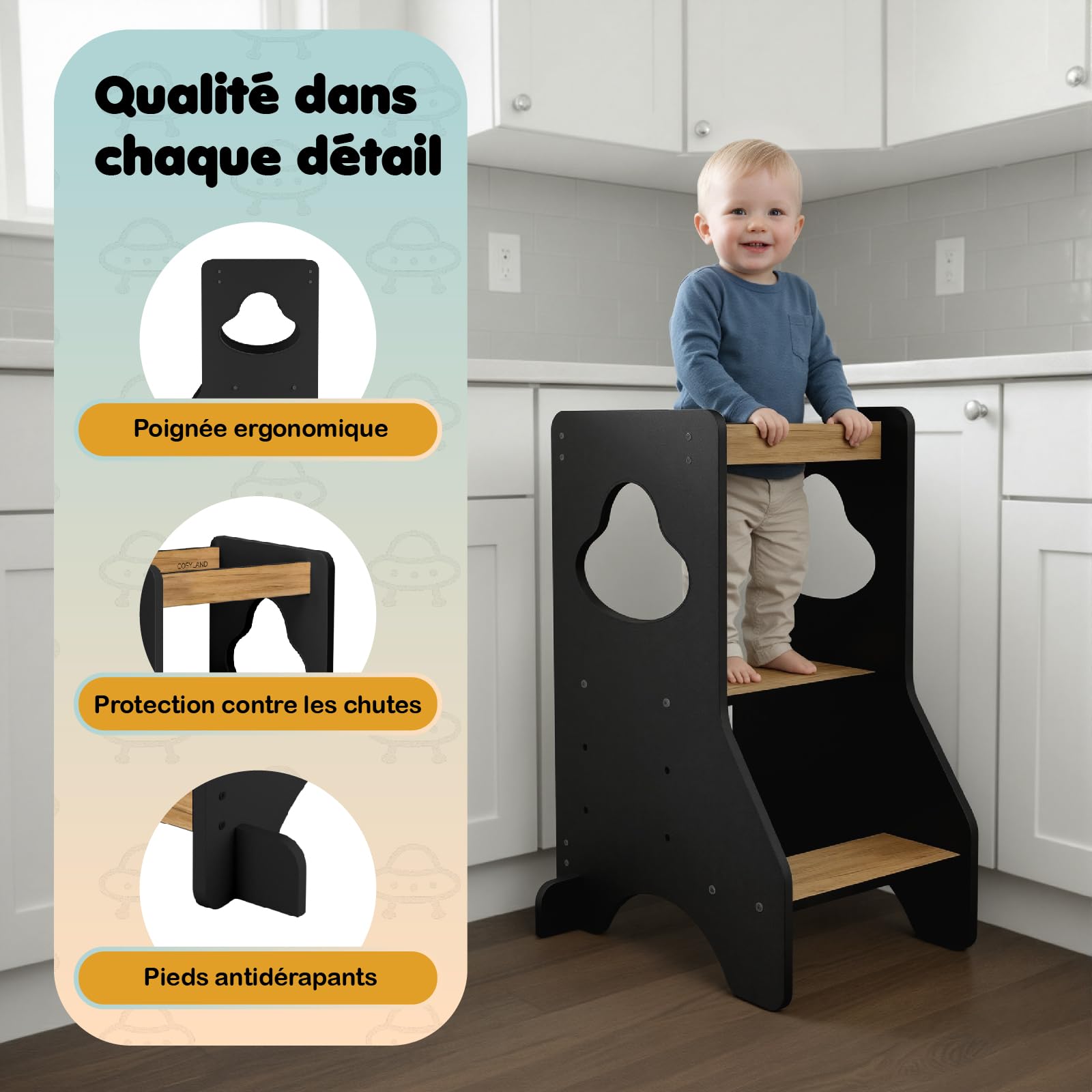 COSYLAND Tour d Observation Montessori Réglable en Hauteur pour Enfants de 18 Mois à 6 Ans, Chaise d Apprentissage Sécurisée en Bois, Design Moderne et Stable, Idéale pour Bébé - Noir/Naturel
