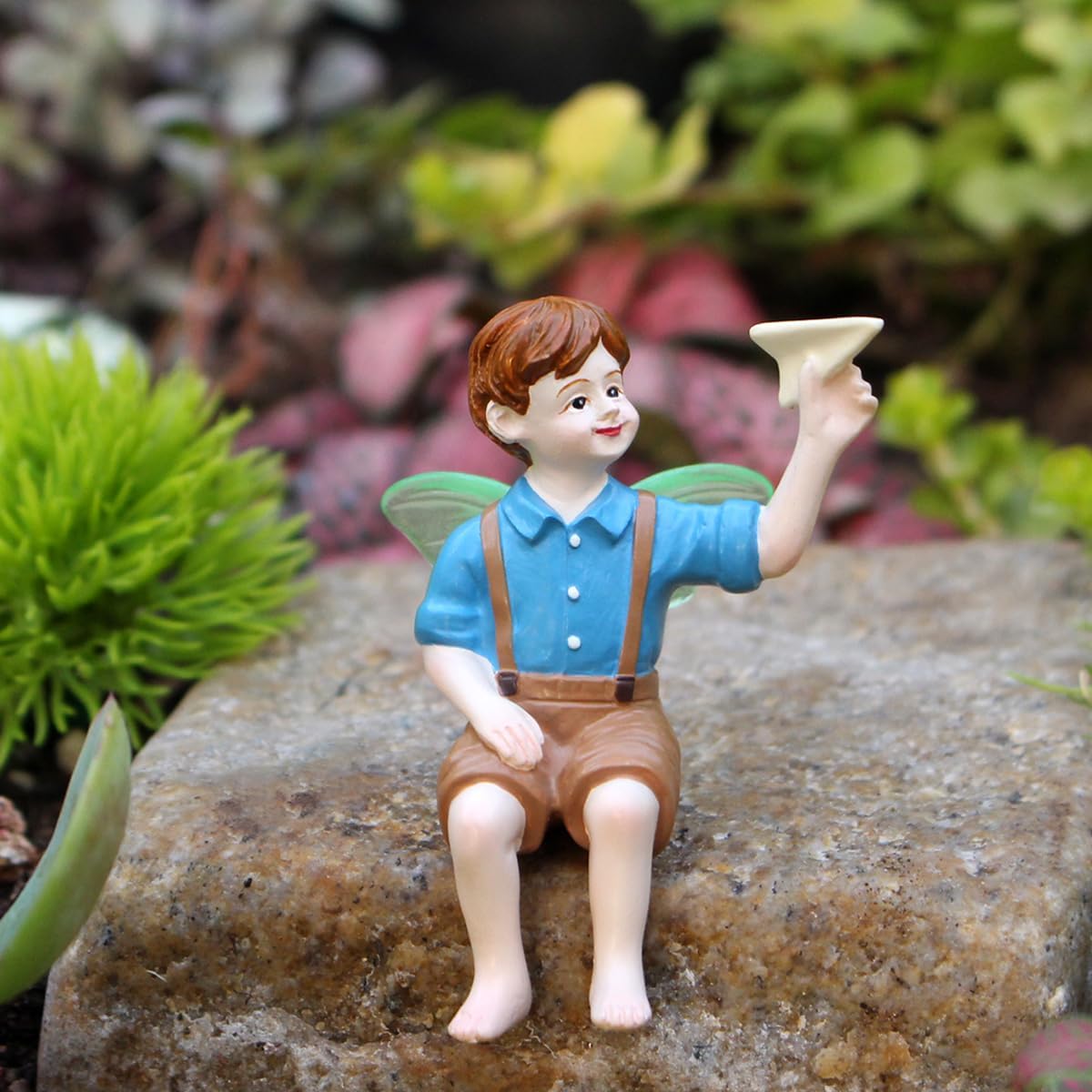 Miniature Fairy Figurine with Luminous Wings, Mini Resin Fairy Boy Holding Paper Airplane Statue Fairy Garden Accessories for Outdoor Bonsai Terrarium Plant Pot Micro Landscape Decor