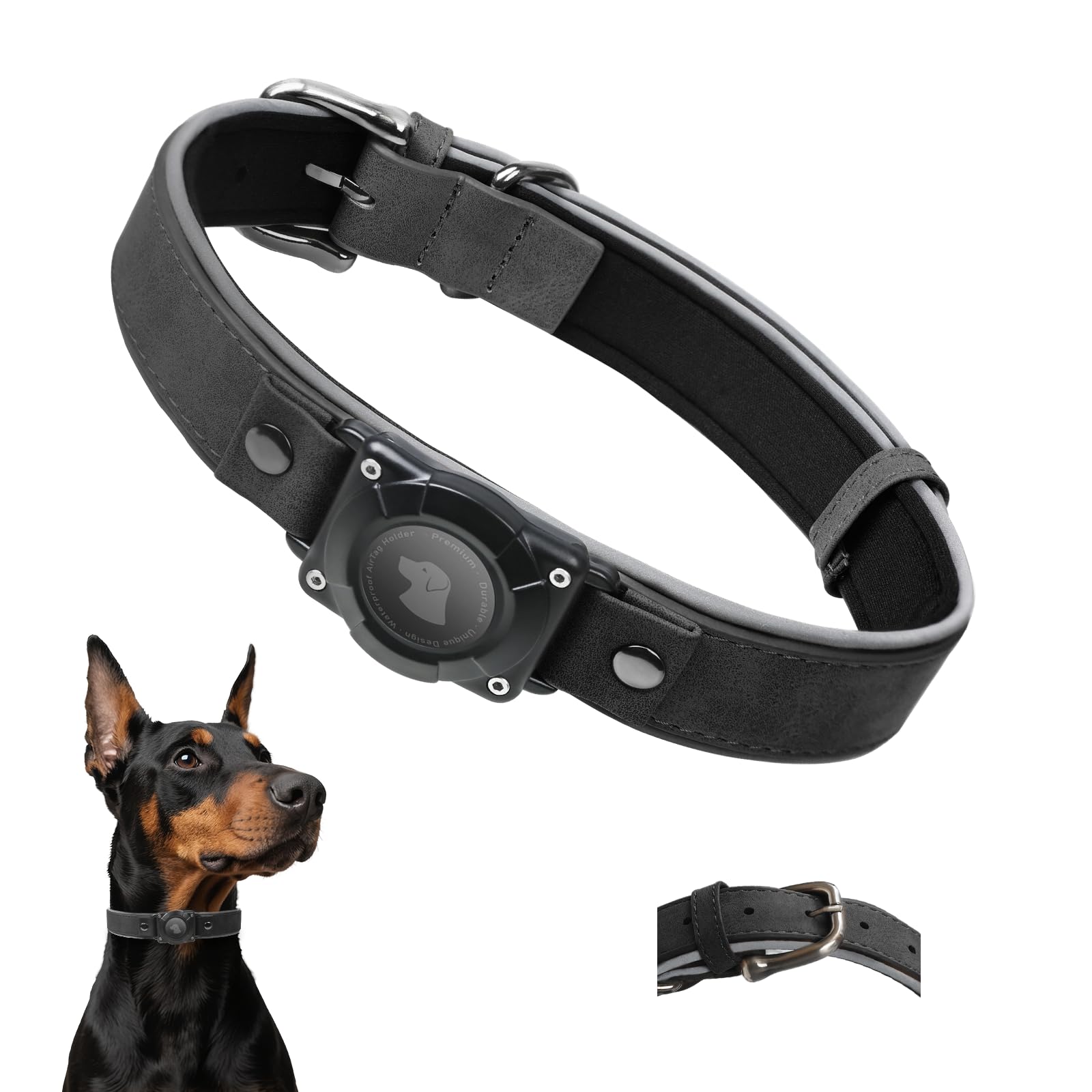 View 1 of **RUNS BIG*** Leather AirTag Dog Collar - IPX8 Waterproof Dog Collar with AirTag Holder|Reflective, High - End, Adjustable Soft Padded |Dog GPS Collar Tracker Fit for Medium Large Dogs (Black, L)