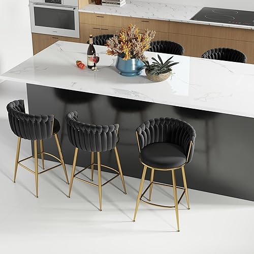 Miniatura 30 de Juego de 2 taburetes de bar dorados ABET, taburetes de bar de terciopelo giratorios, taburetes de altura ajustable con respaldo tejido, taburetes de