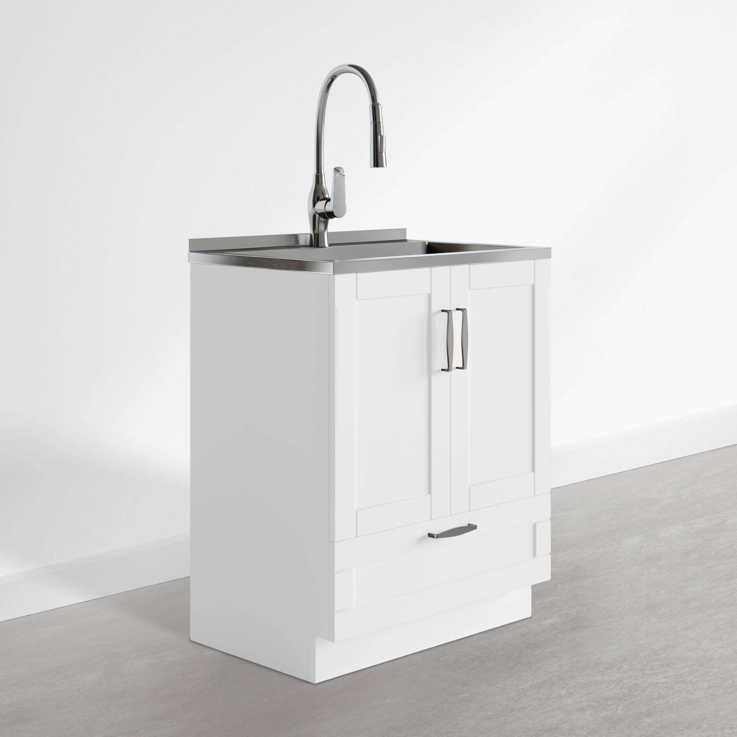 SIMPLIHOME Reed 28" Wide Utility Sink and Laundry Cabinet in Glacier White