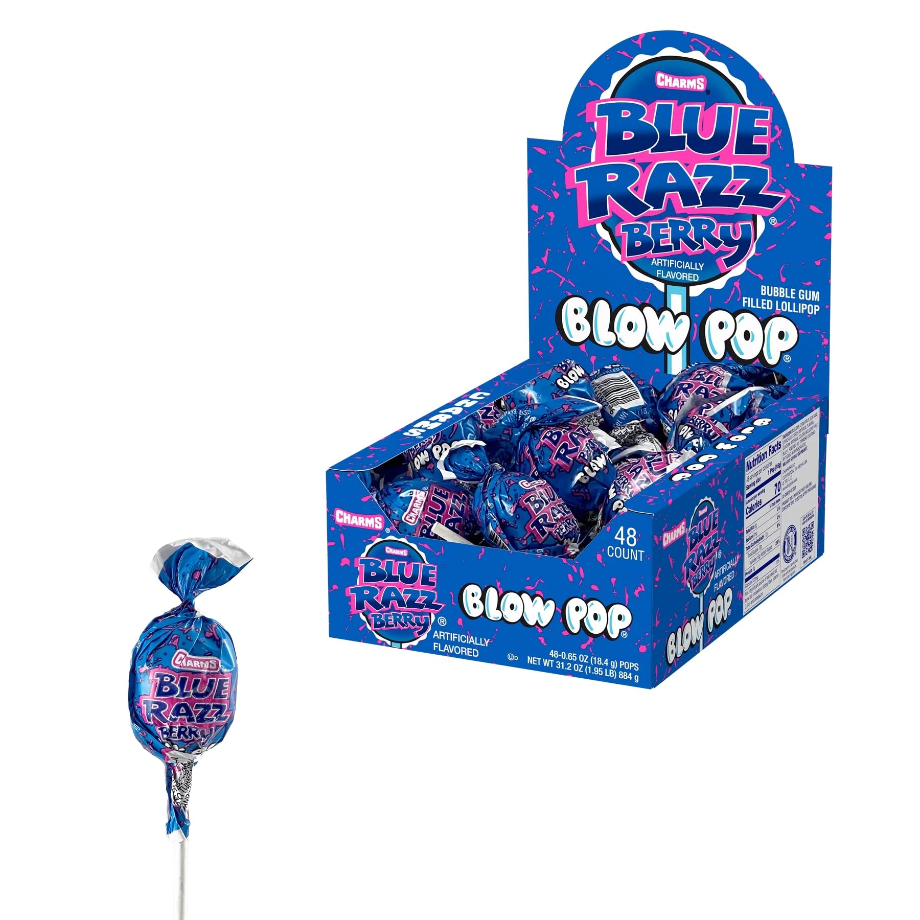 Charms Blow Pop Lollipops - Individually Wrapped Dual Candy and Gum Suckers - Peanut Free, Gluten Free - Bulk Treat for Kids and Adults – Blue Razz Berry, 48 Count (Pack of 1)